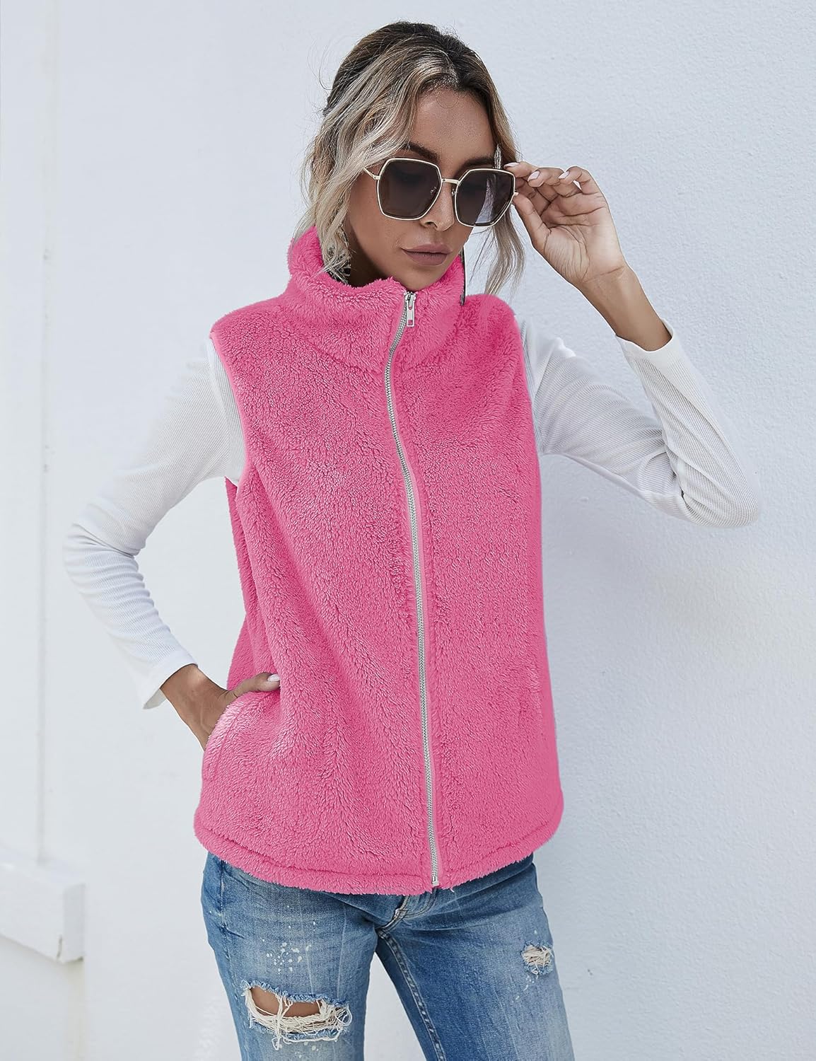 LOMON Womens Fuzzy Sherpa Fleece Jacket Lightweight Vest Cozy Sleeveless Cardigan Zipper Waistcoat Outerwear with Pocket - Image 4