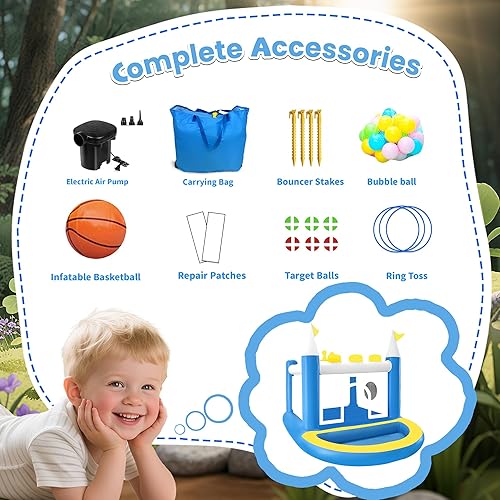 Miniatura 9 de Mini casa inflable con hoyo de bolas, castillo animoso de PVC 5 en 1 para niños con bomba de aire eléctrica, casa de salto de corona pequeña para