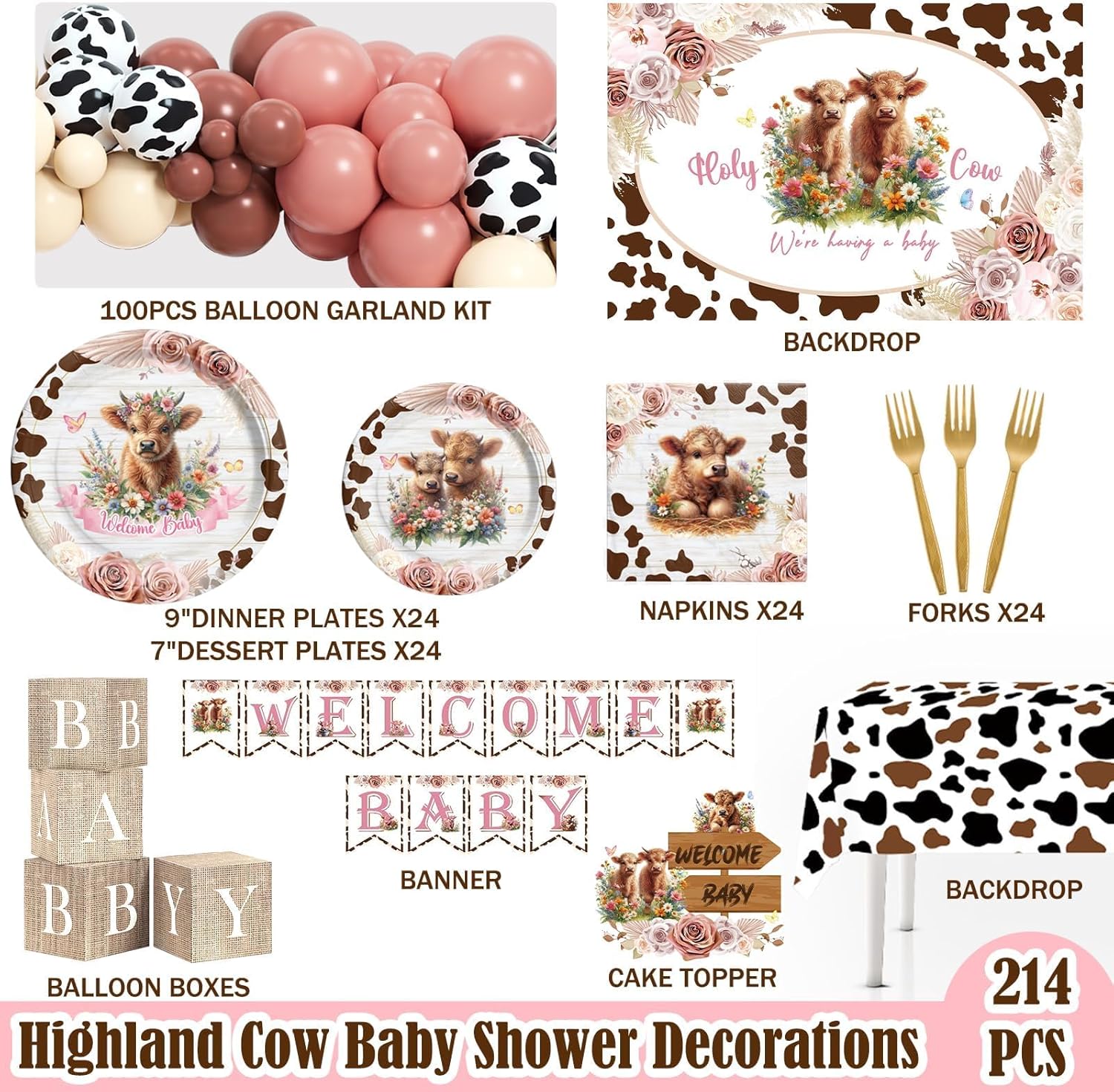 Highland Cow Baby Shower Decorations, 214PCs Holy Cow Were Having a Baby Decorations, Cow Party Supplies with Balloon Boxes, Plates and Napkins, Welcome Baby Banners, Cake Topper, Backdrop, Tablecloth