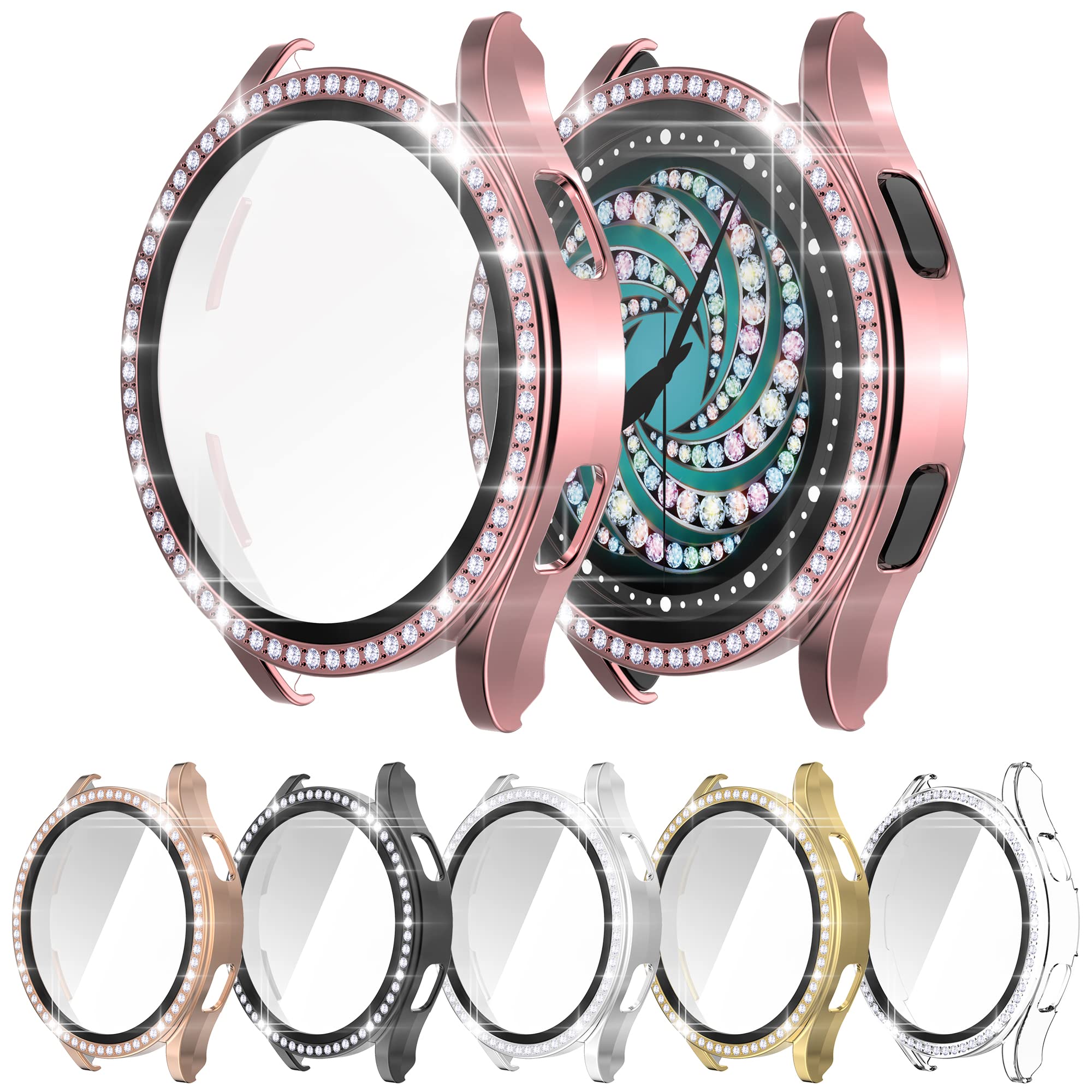 [6-Pack] Compatible with Samsung Galaxy Watch 4 40mm Bling Case Built in Tempered Glass Screen Protector, RICHONE Diamonds Cover Hard PC Bumper Accessories (Watch 4 40mm, 6 Colors)