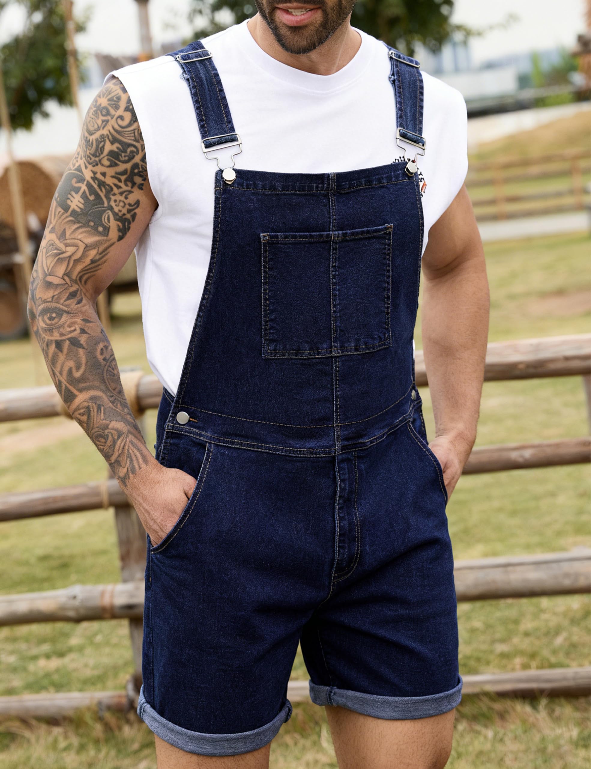 Bindefon Overol de mezclilla para hombre, pantalones cortos, overol de trabajo con cremallera
