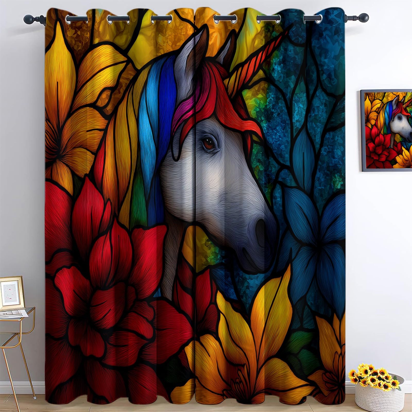 Générique Rideaux Occultants Licorne Animale, Rideaux Imprimé Isolant Thermique Anti Froid - Draperies Polyester Oeillet Plantes Fleurs pour Chambre Salon Décoration Lot de 2 75L x 166H cm