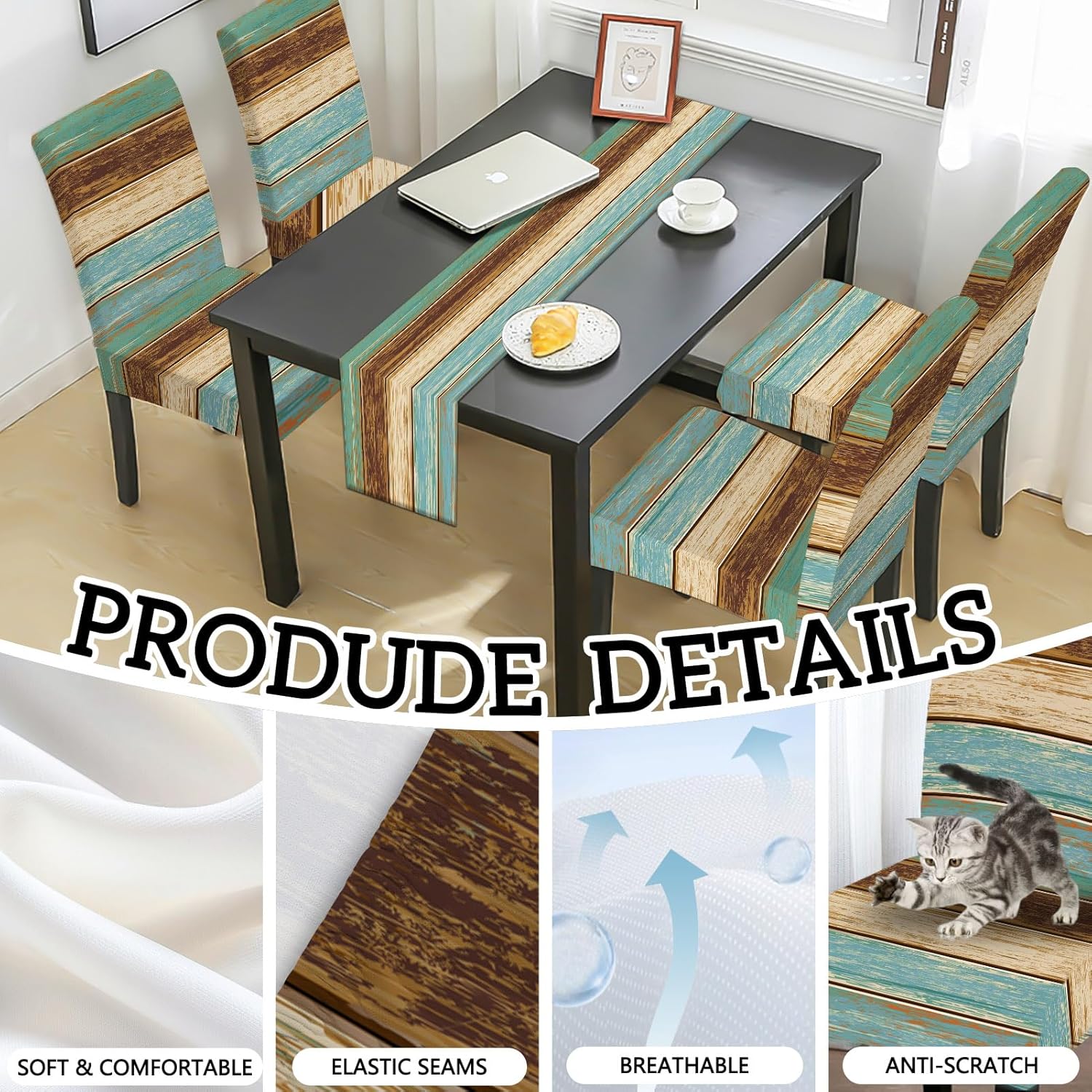 MCALK Teal Chair Covers Set of 4 and Table Runner,Stretch Rustic Country Chair Slipcovers for Kitchen,Washable Removable Chair Protector Abstract Chair Covers for Dining Room