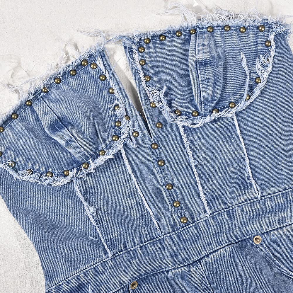 Femmes Jeans déchiré Strapless Denim Jumpsuit, 2023 Summer Ladies Off Shoulder Sexy Solid Color Classic Fit Personality Holiday Sets