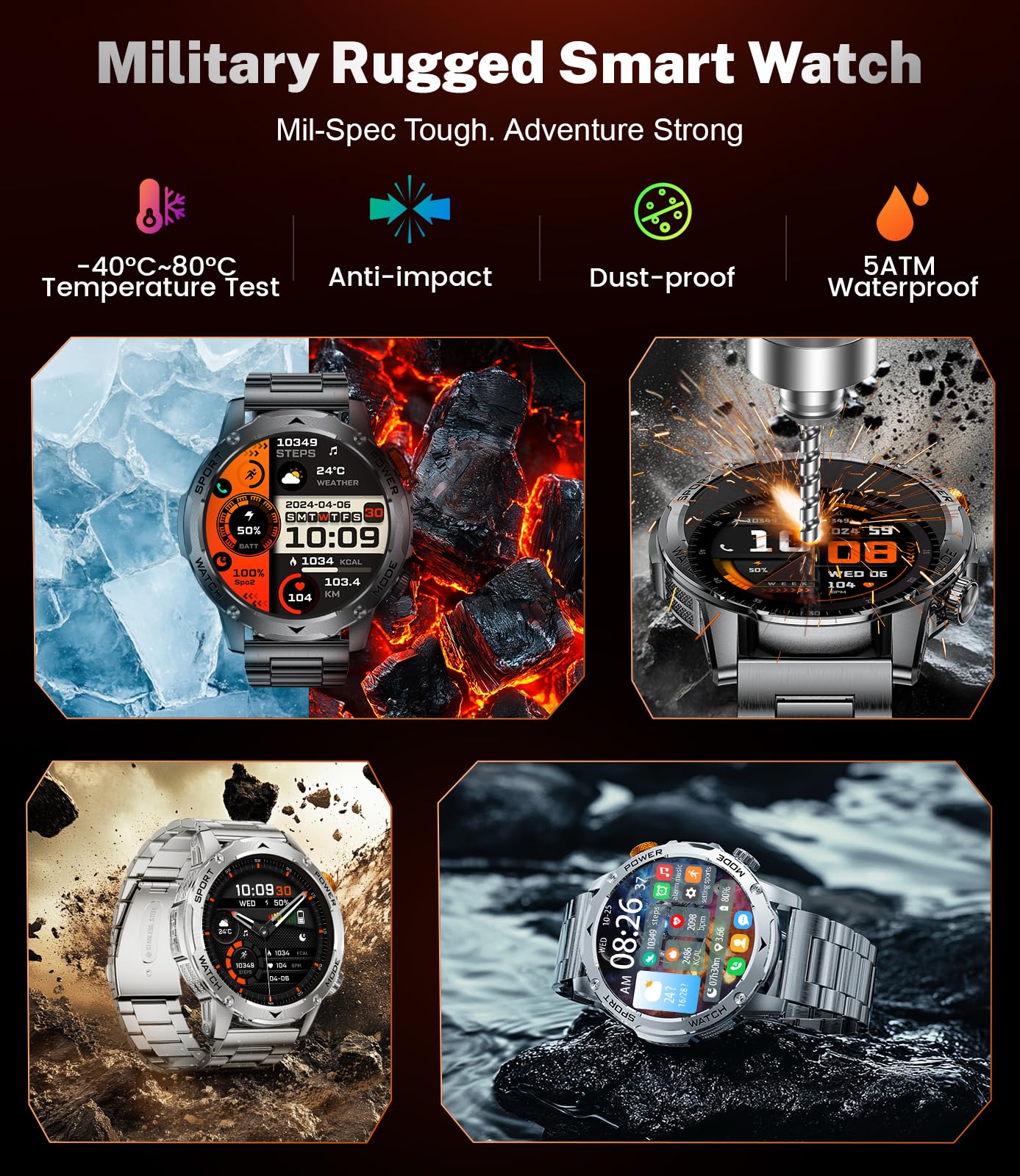 LIGE Militar Reloj Inteligente Hombre -1000 mAh/1,75" Grande Pantalla, Smartwatch con Llamadas Bluetooth/Linterna, 120+ Modos Deportivos, Monitor de Frecuencia Cardíaca/Sueño, iOS/Android,Negro Mate