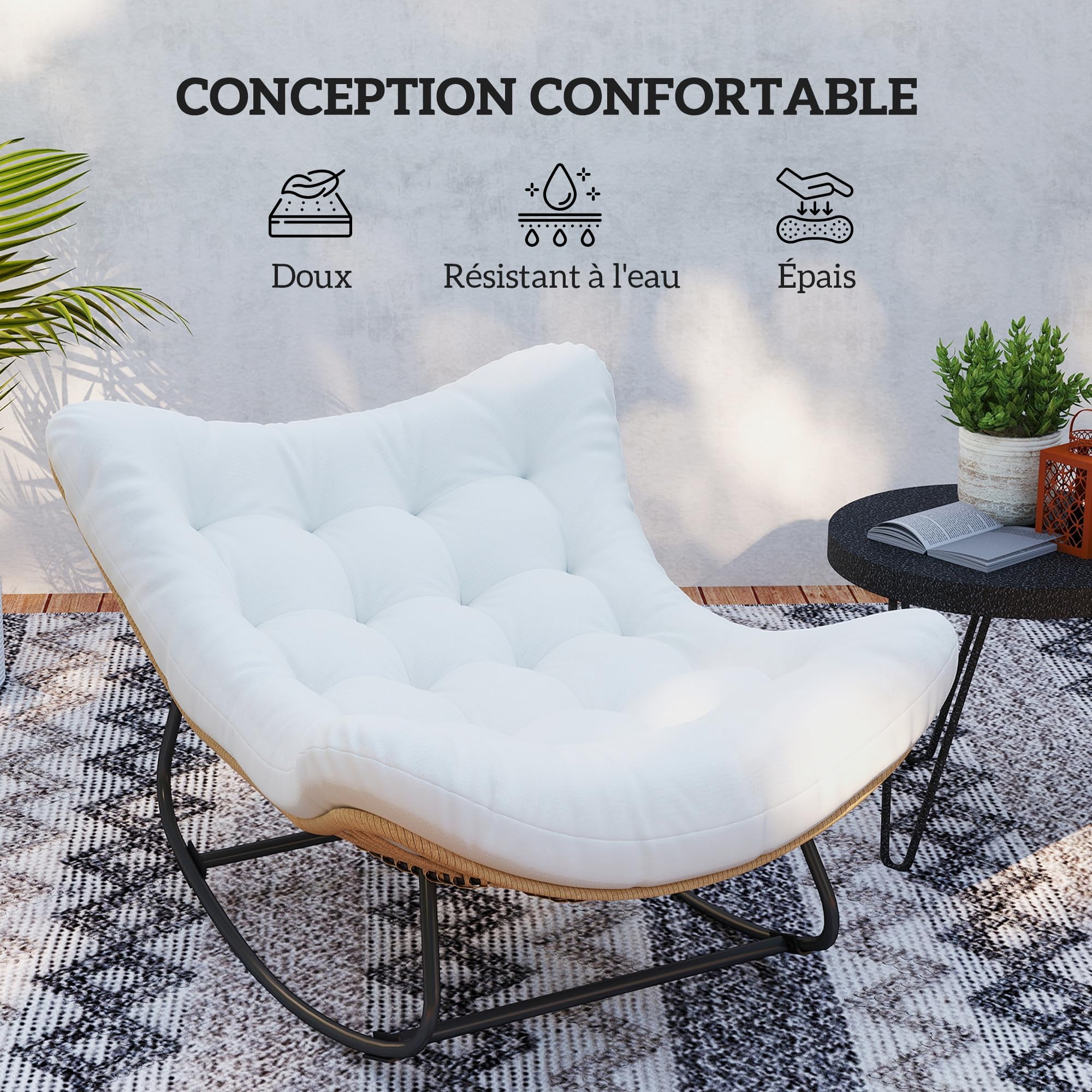 Outsunny - Silla mecedora de jardín con forma de huevo de resina trenzada, con cojín acolchado para jardín, dormitorio, sala de estar, crema