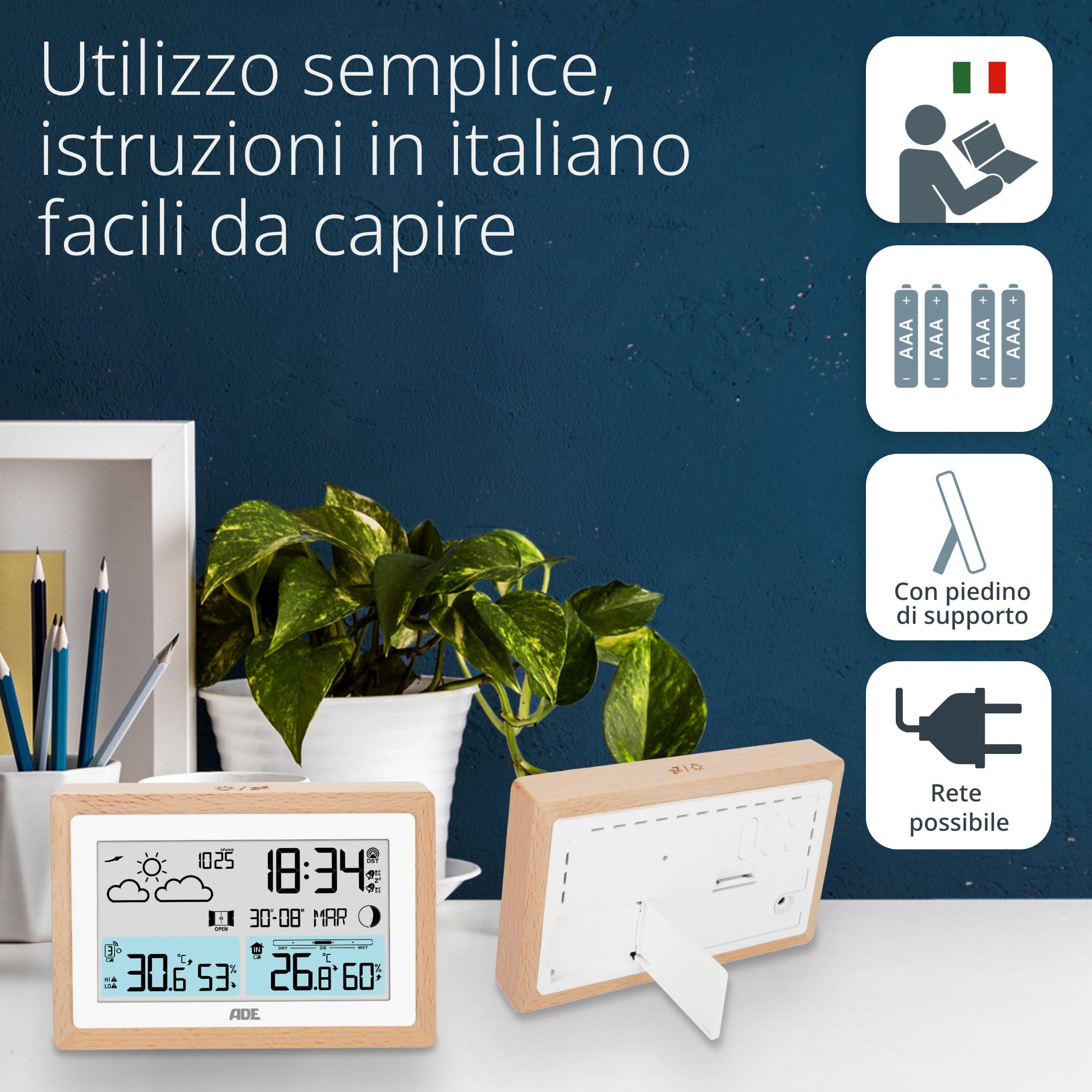 ADE Stazione meteorologica digitale con sensore esterno | temperatura interna/esterna | igrometro, barometro, previsioni tempo | raccomandazione di ventilazione | sveglia | alimentatore incl.