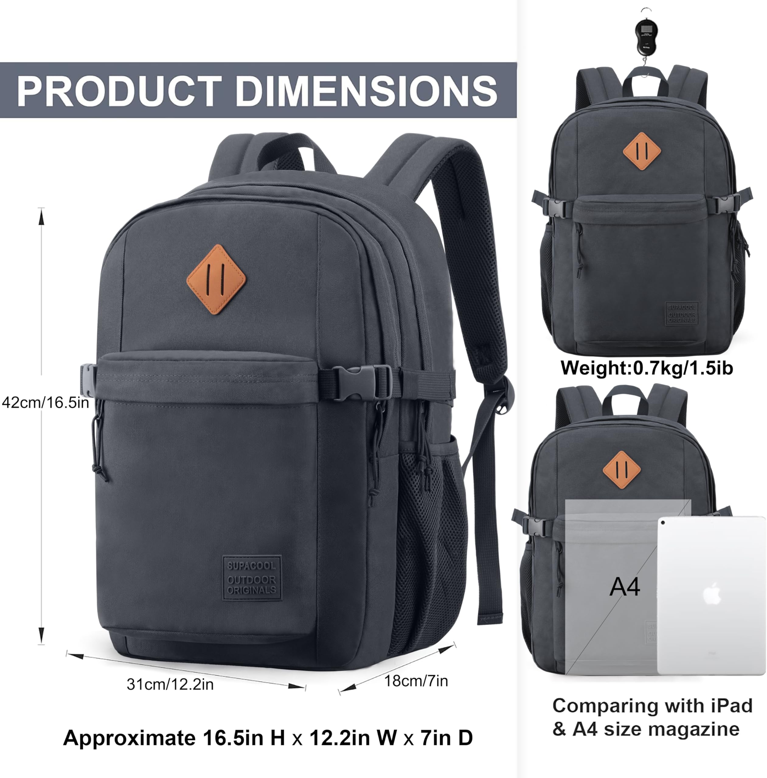 SUPACOOL Sac à Dos Léger et Décontracté pour Homme et Femme, Grand Sac à Dos pour écolier, Garçons et Filles, 16.5 Inch, Gris