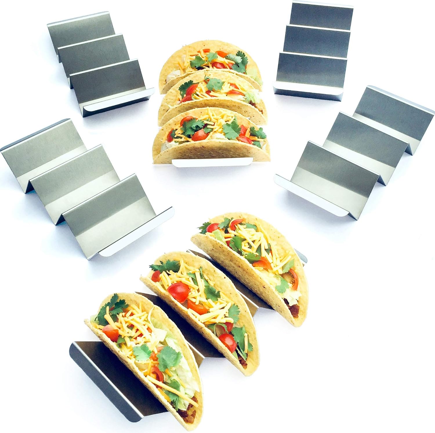6 Pack Jumbo Taco Holder Stands - Stainless Steel Taco Racks - Metal Taco Trays - Restaurant Grade Stainless Steel for Fuller Sized Tacos - Oven and Dishwasher Safe - Soft and Hard Shell Taco Holders