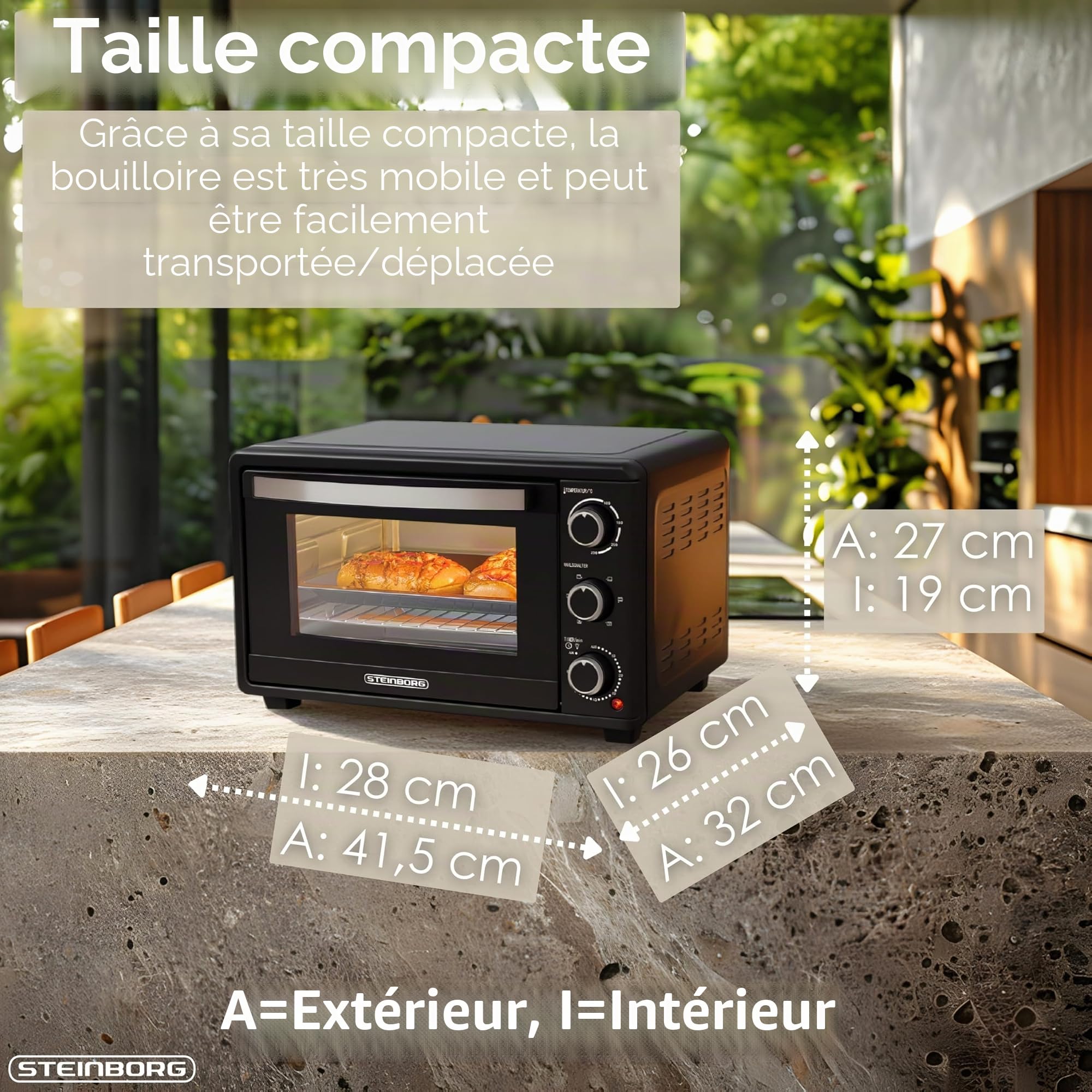 STEInBORG Mini four à pizza, 15 l, 3 en 1, mini four, plaque ramasse-miettes, chaleur de voûte et de sole, économe en énergie, minuterie 60 min