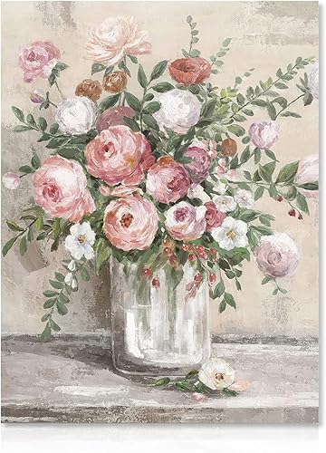 Dazzlewall Lienzo floral vintage para pared, pósteres rústicos de naturaleza muerta de granja, estampado de florero de flores rosas y blancas,