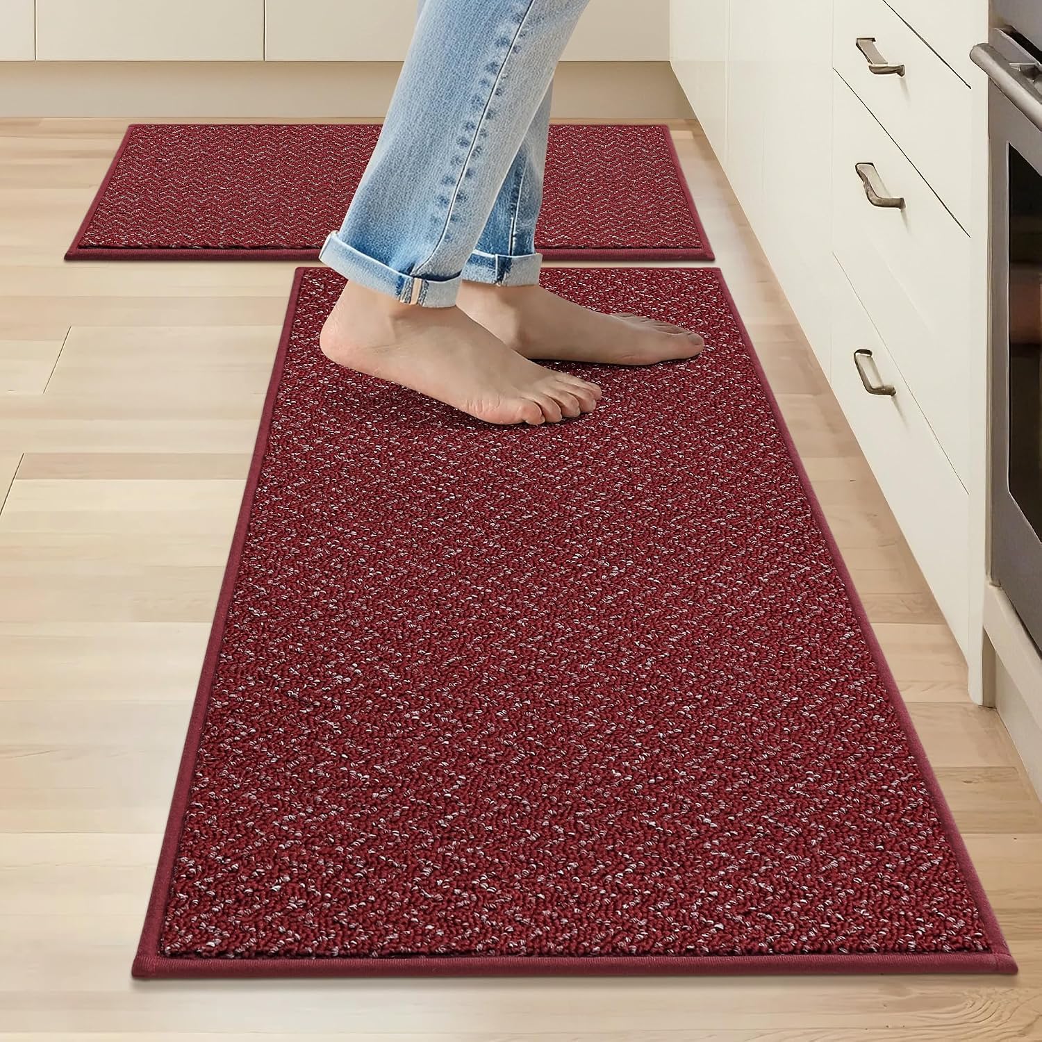 Photo 1 of COSY HOMEER Kitchen Rugs Set of 2 Non-Slip Washable Kitchen Floor Mat Red