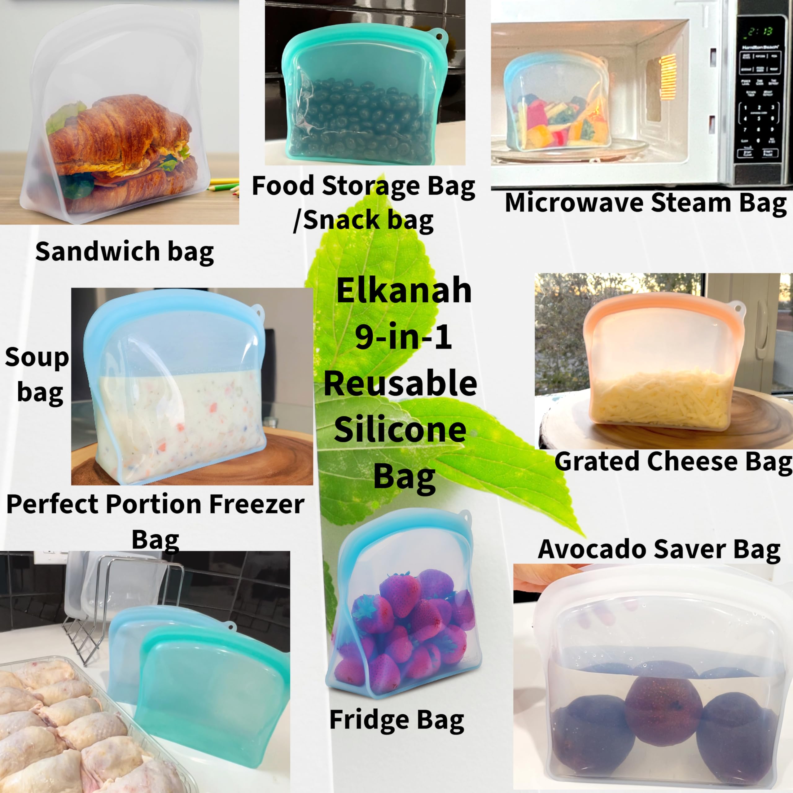 Elkanah Sacchetti riutilizzabili per congelatore, 1200 ml, 100% silicone platino, riutilizzabili, sacchetti per alimenti, sacchetti per zuppe, sacchetti per alimenti riutilizzabili, sacchetti per