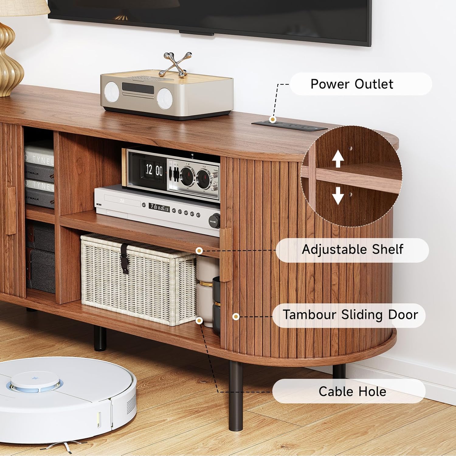 55" TV Stand with Power Outlet, Mid-Century Modern Television Stand, Fluted Media Console with Sliding Doors, Entertainment Center for TVs up to 60 Inch, Adjustable Shelves, Walnut