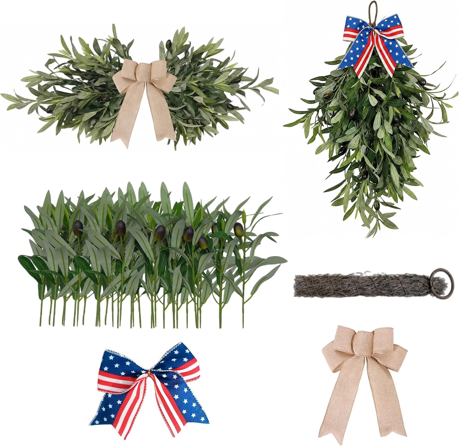 DIY Olive Swag Kit with 24 Realistic Faux Olive Stems, Vine Base and 2 Bow Options, Makes 1 Teardrop Swag or Horizontal Front Door Swag for Wall or Farmhouse Decor