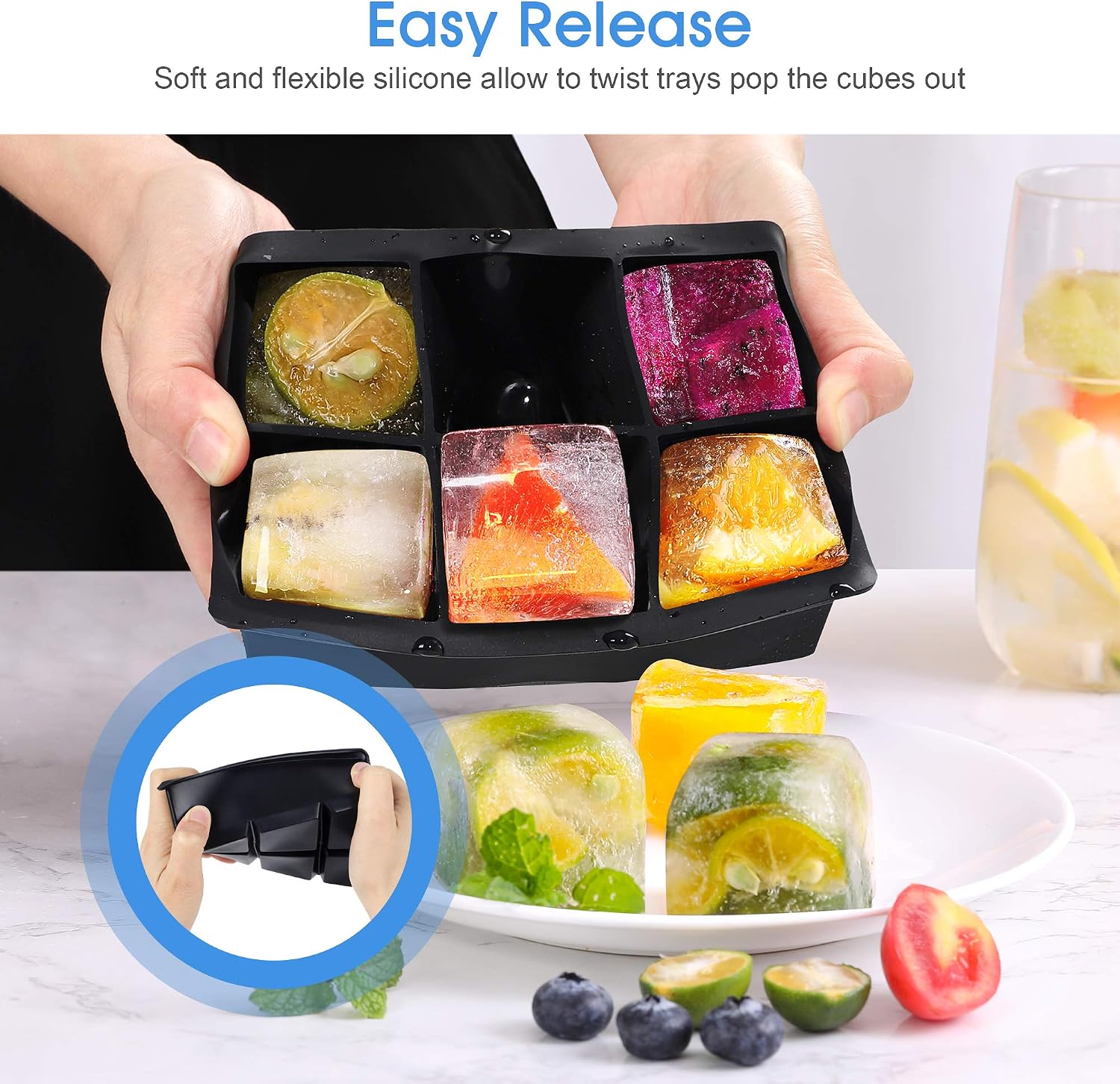 Kootek Large Ice Cube Trays 2 Pack Silicone Ice Cube Molds with Lid 6 Cavity Flexible Ice Mold for Beverages Whiskey Wine Cocktail Coffee Juice