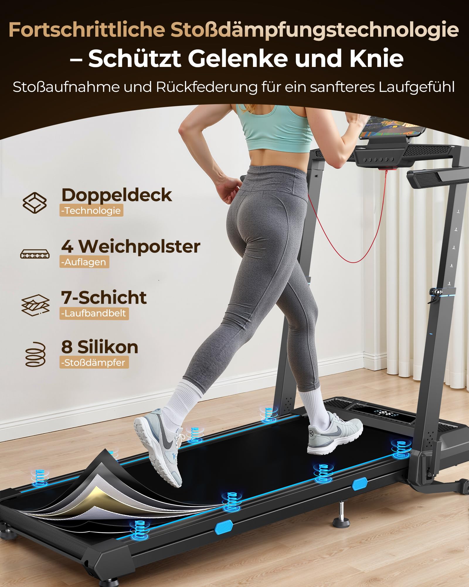 Cardirun Laufband für Zuhause Klappbar mit Automatischer Steigung, 14 KM/H | 6 in 1 Walking Pad mit 104cm Höhenverstellbarer Griff, 14KM/H, 3.5HP Leise Treadmill for Home mit LED-Anzeige, 160 KG