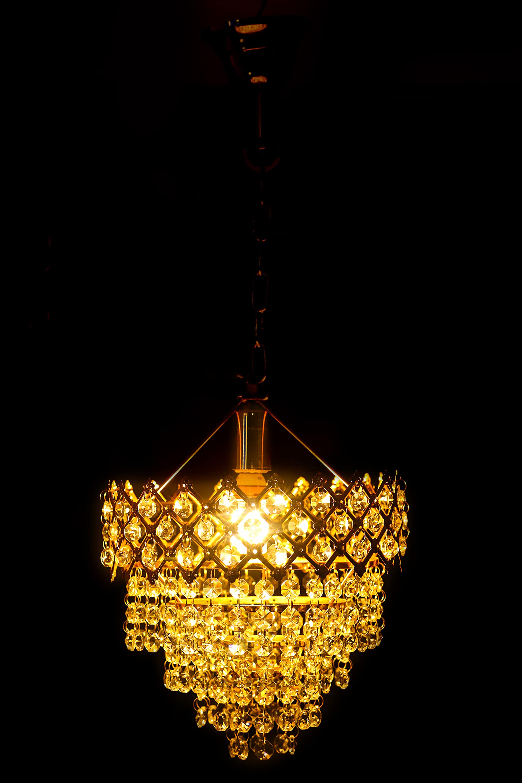 Aabhaya Arts 12 Watts Round Hanging Pendent Chandelier, Jhumer With Led Bulb, K-9 Crystals, Size 250mm, Antique Golden Stylish Jhumer With Led Bulb For Home Decor