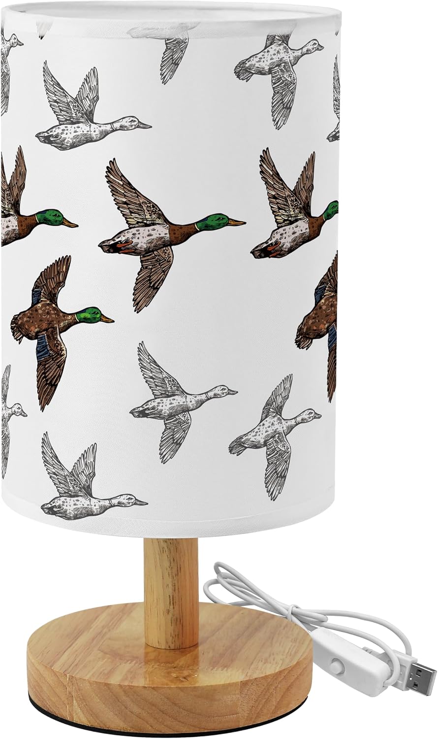 Flying Mallard Duck Bedside Table Lamp for Bedroom with USB Port, Funny Cozy Kids Nightstand Lamp with Wood Base Polyester Fabric Shade for Living Room Dorm Desk (Brown)