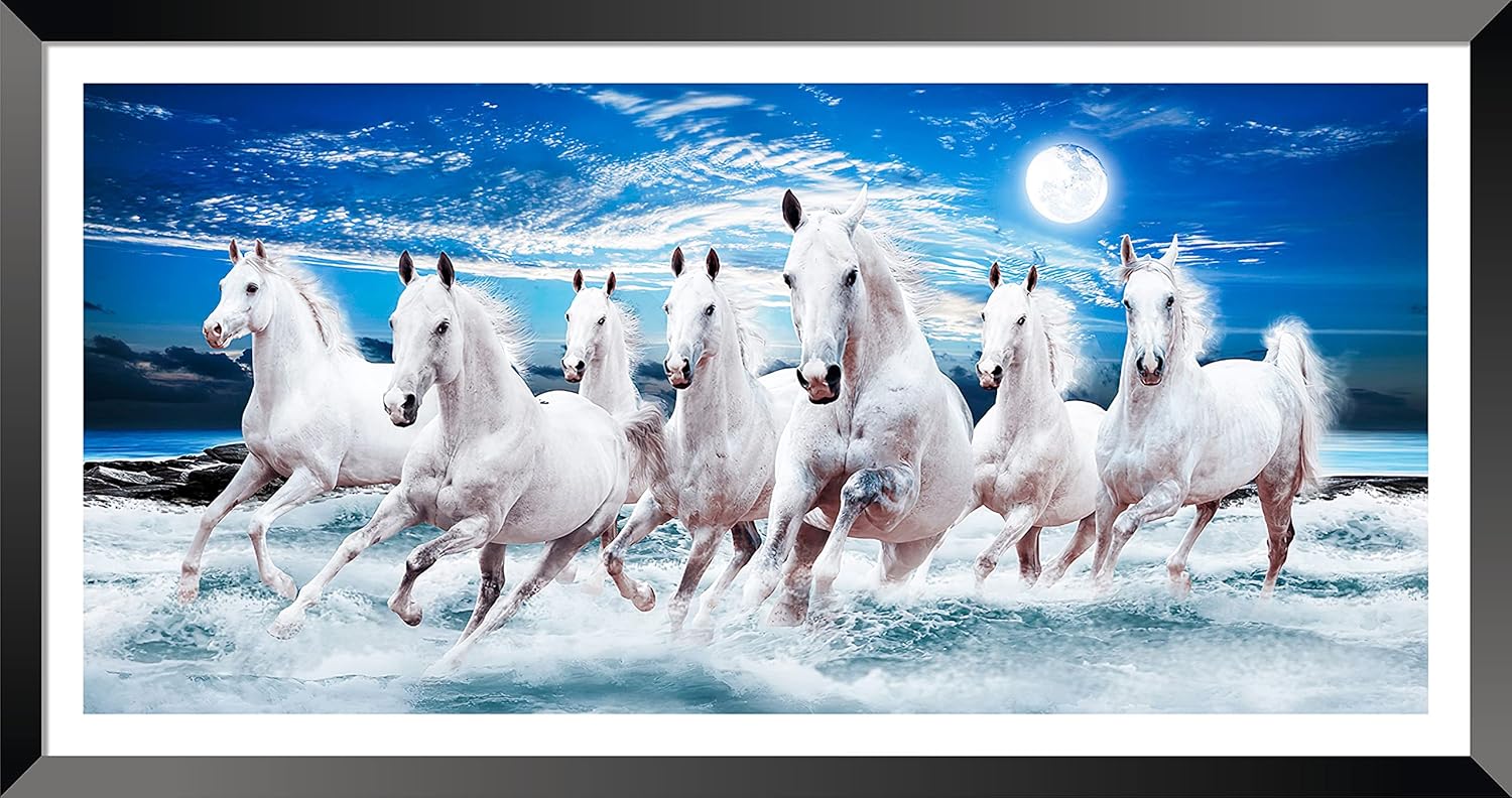 Canvas pe 7 running horses vastu painting blessing lucky horse white photo frame modern art with lamination art for livingroom office decor 14×26 inch gift item synthetic wood (Horse Light blue)
