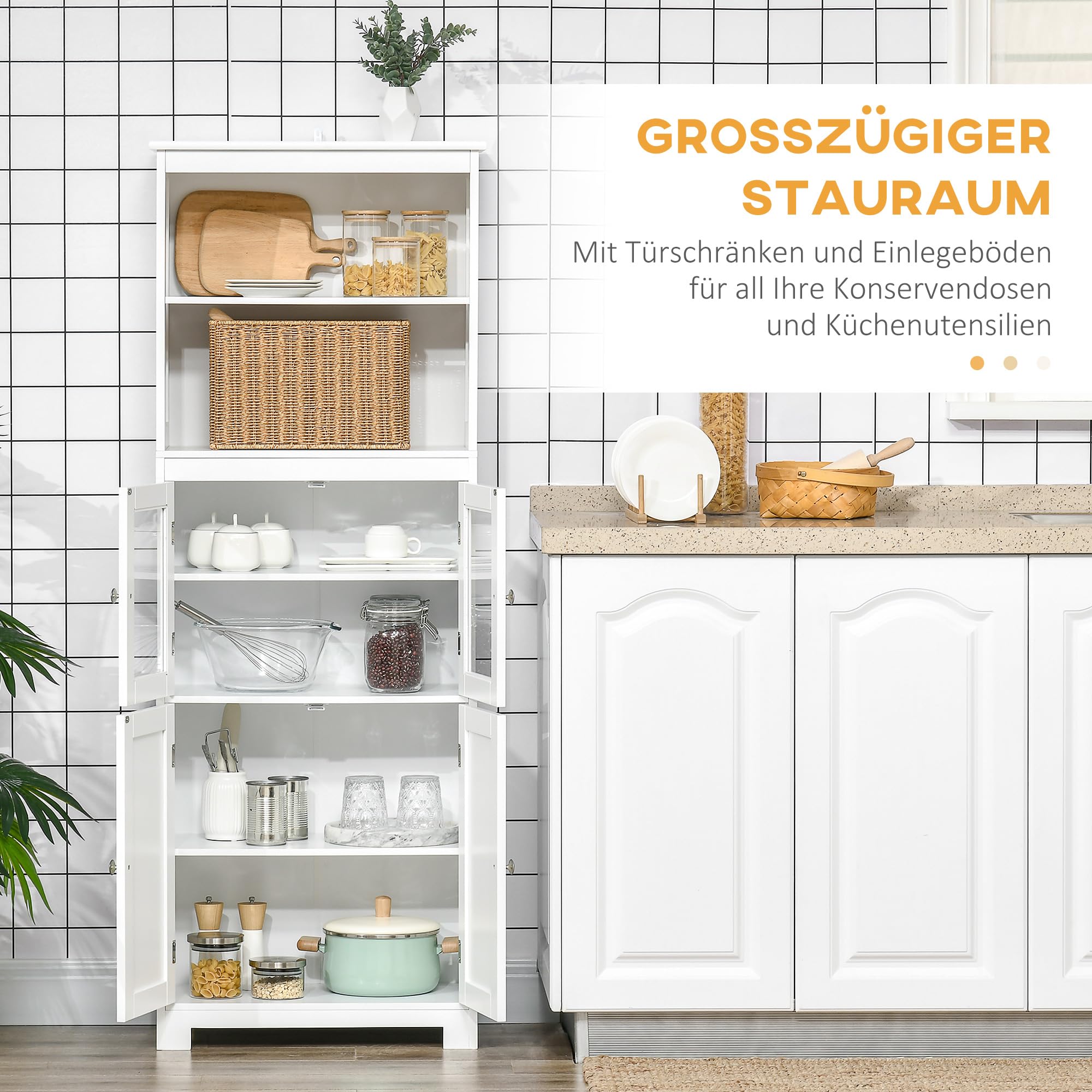 HOMCOM Küchenschrank, Küchenbuffet, Vitrinenschrank mit 2 Schränken, 2 Offenen Ebenen, Mehrzweckschrank mit Anti-Kipp-Schutz, für Esszimmer, Wohnzimmer, 60 x 30 x 162 cm, Weiß