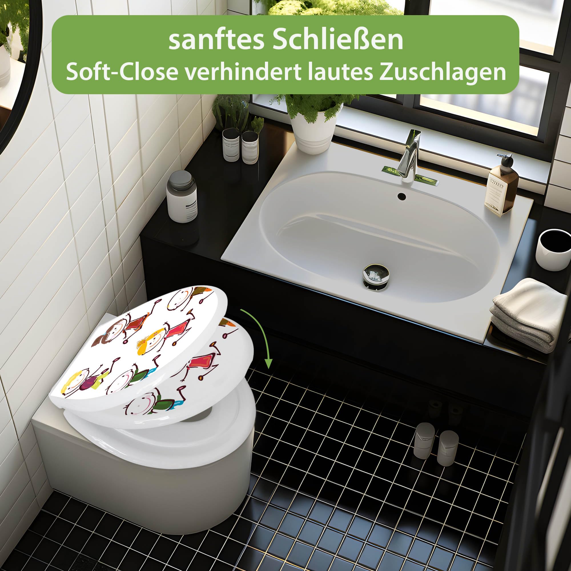 banjado Familien WC Sitz mit Absenkautomatik 44,9x37,1cm - Klobrille mit Kindersitz aus hochwertigem Polypropylen - Toilettendeckel mit Kinder Toilettensitz integriert - Motiv Happy Kids