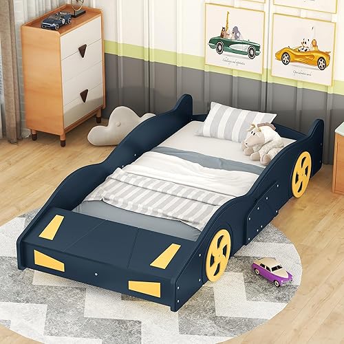 Harper & Bright Designs Cama de plataforma en forma de auto de tamaño individual con almacenamiento y ruedas, cama individual Montessori para niños,