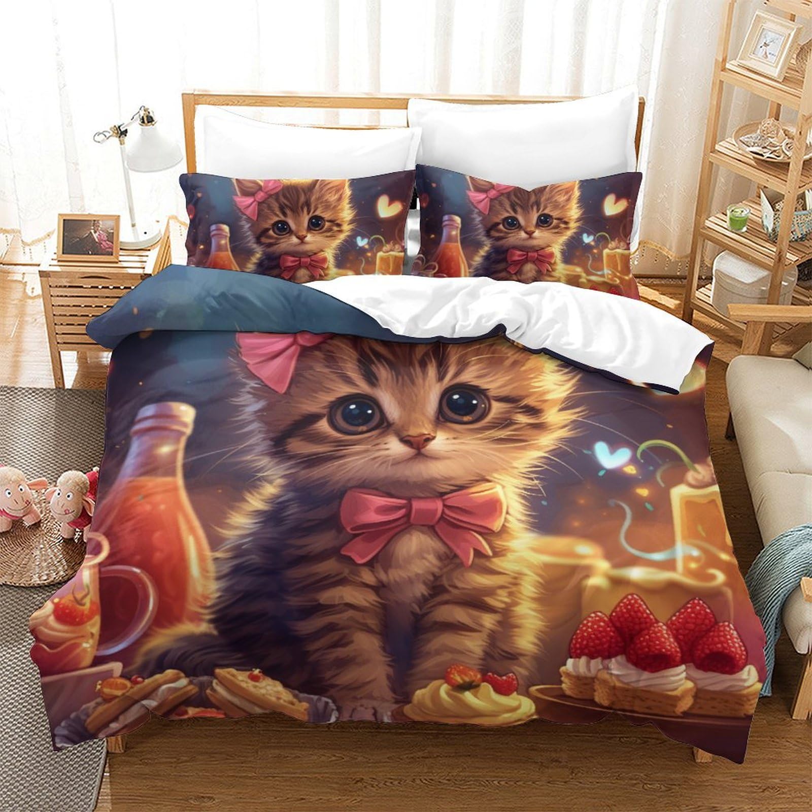 Housse de couette chat 3D 220x240 cm parure de lit 3 pièces avec taies en microfibre douce
