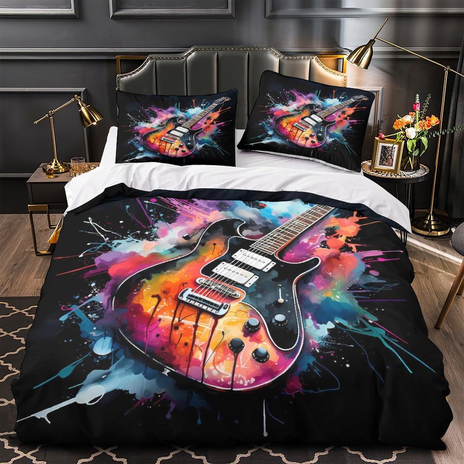 Linge de lit guitare électrique microfibre résistante effet 3D
