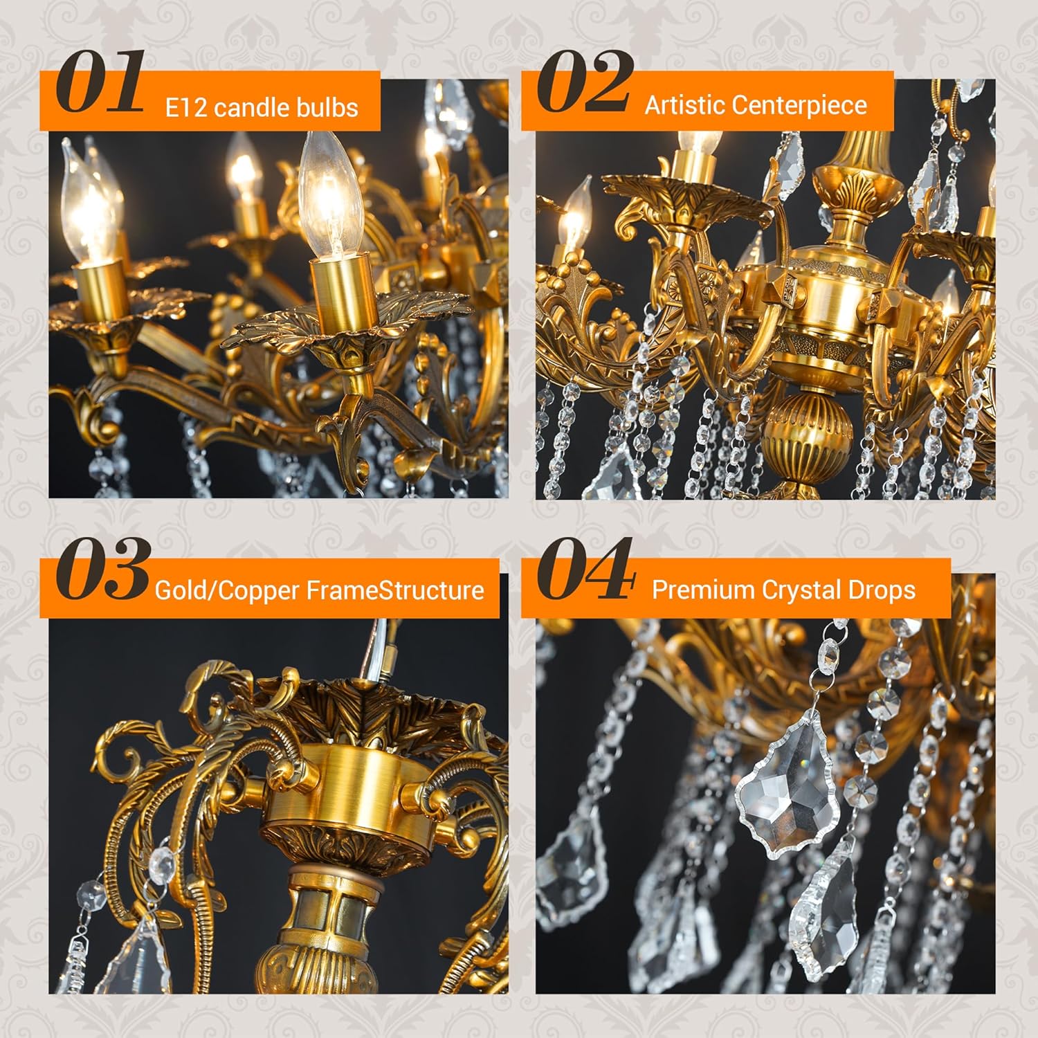 Luxury Copper Crystal Chandelier, 32" Vintage K9 Crystal Pendant Light with 10 Lights, Antique Brass Ceiling Light Fixture with Scrolled Arms for Dining Room Living Room Foyer Villa Hotel