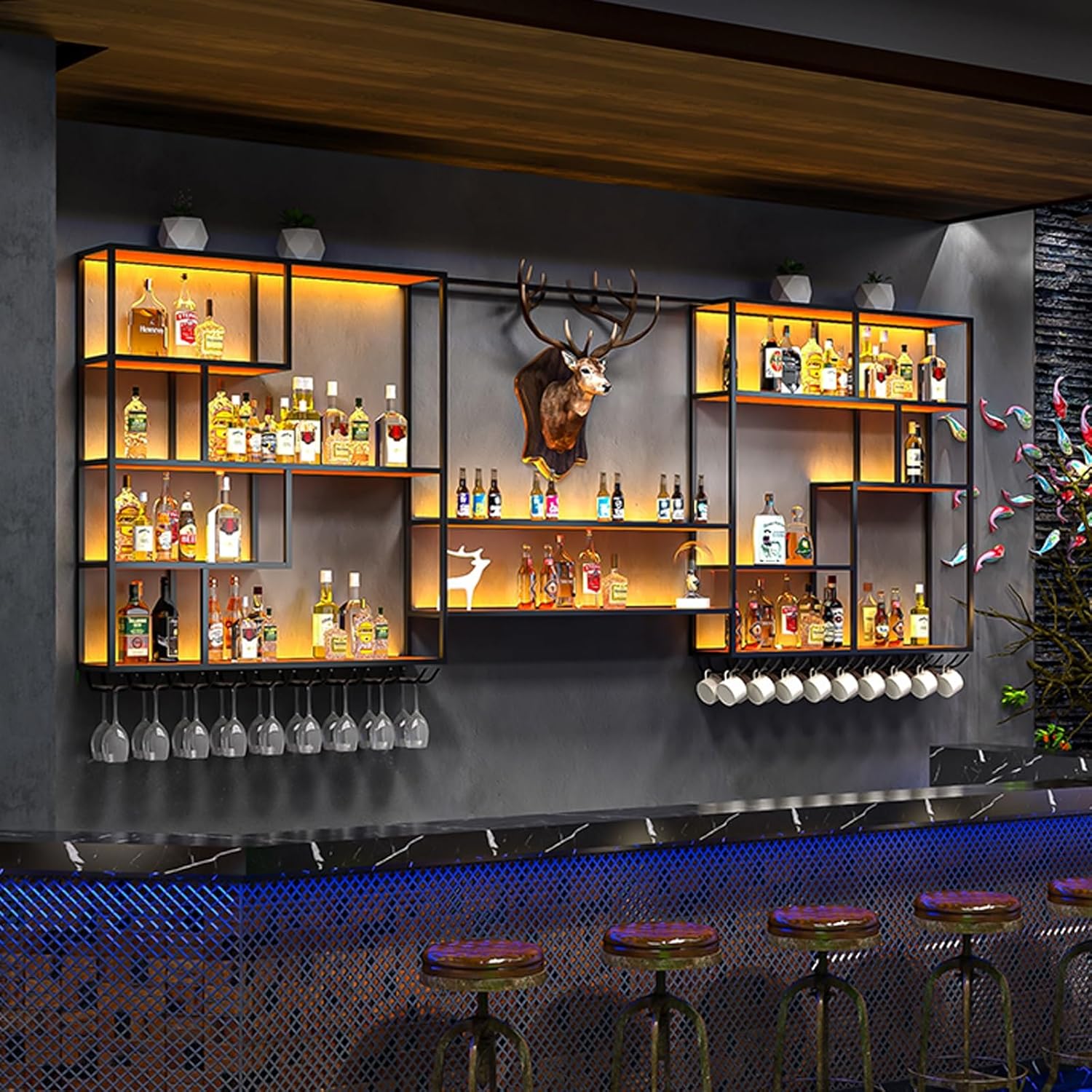 Industrial Wine Rack Wall Mounted With Led Lights Large Iron Wine Shelf With Wine Glass Holder Floating liquor bottle decorations display shelf Modern Liquor Bottle Display Shelf, Hanging Goblet Rack