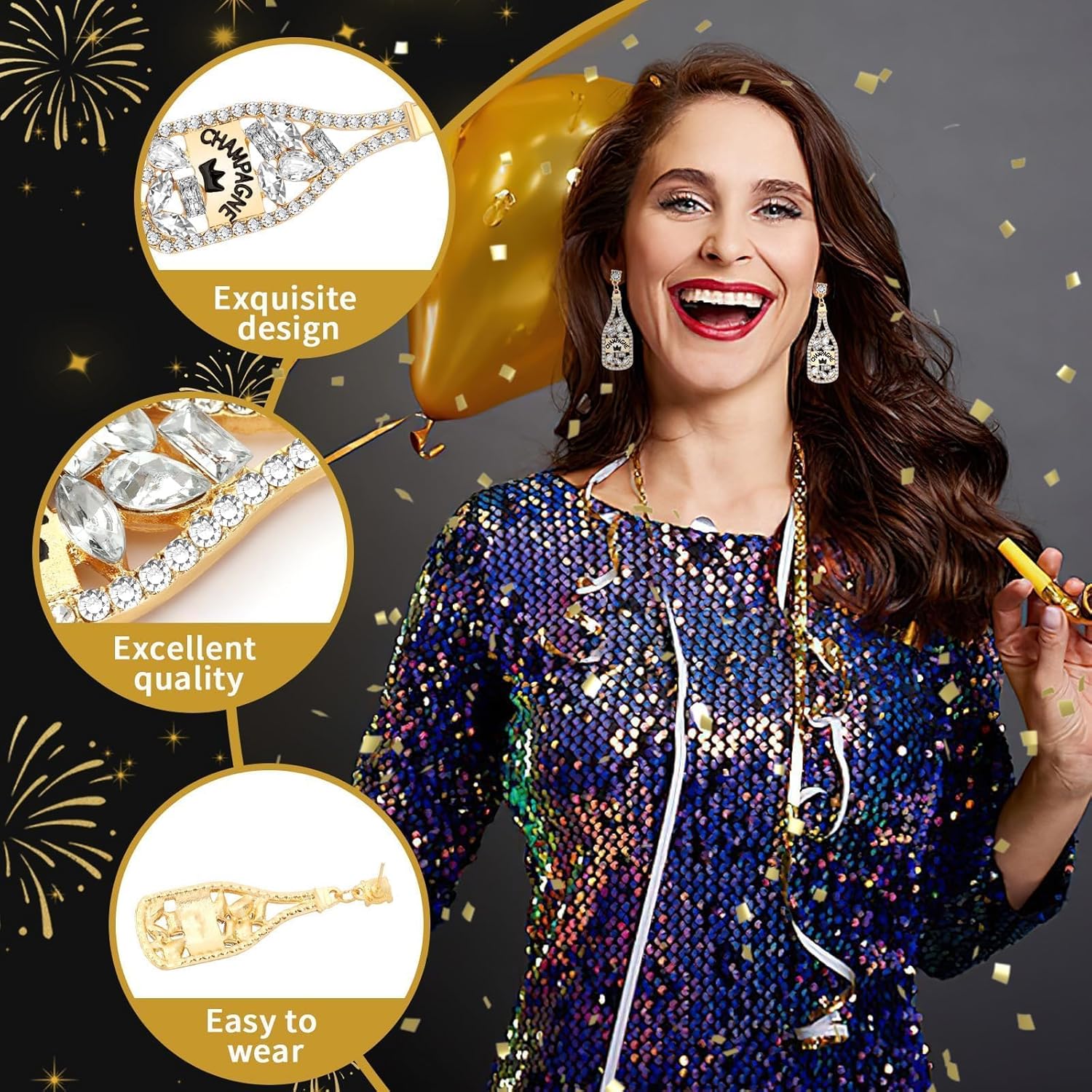 DTOFOOT 4 Pairs Sparkly New Years Earring for Women,New Years Eve Earrings Glitter Rhinestone Stud Beaded Champagne Bottle Drop Dangle Set for Party Earrings Holiday - Image 5