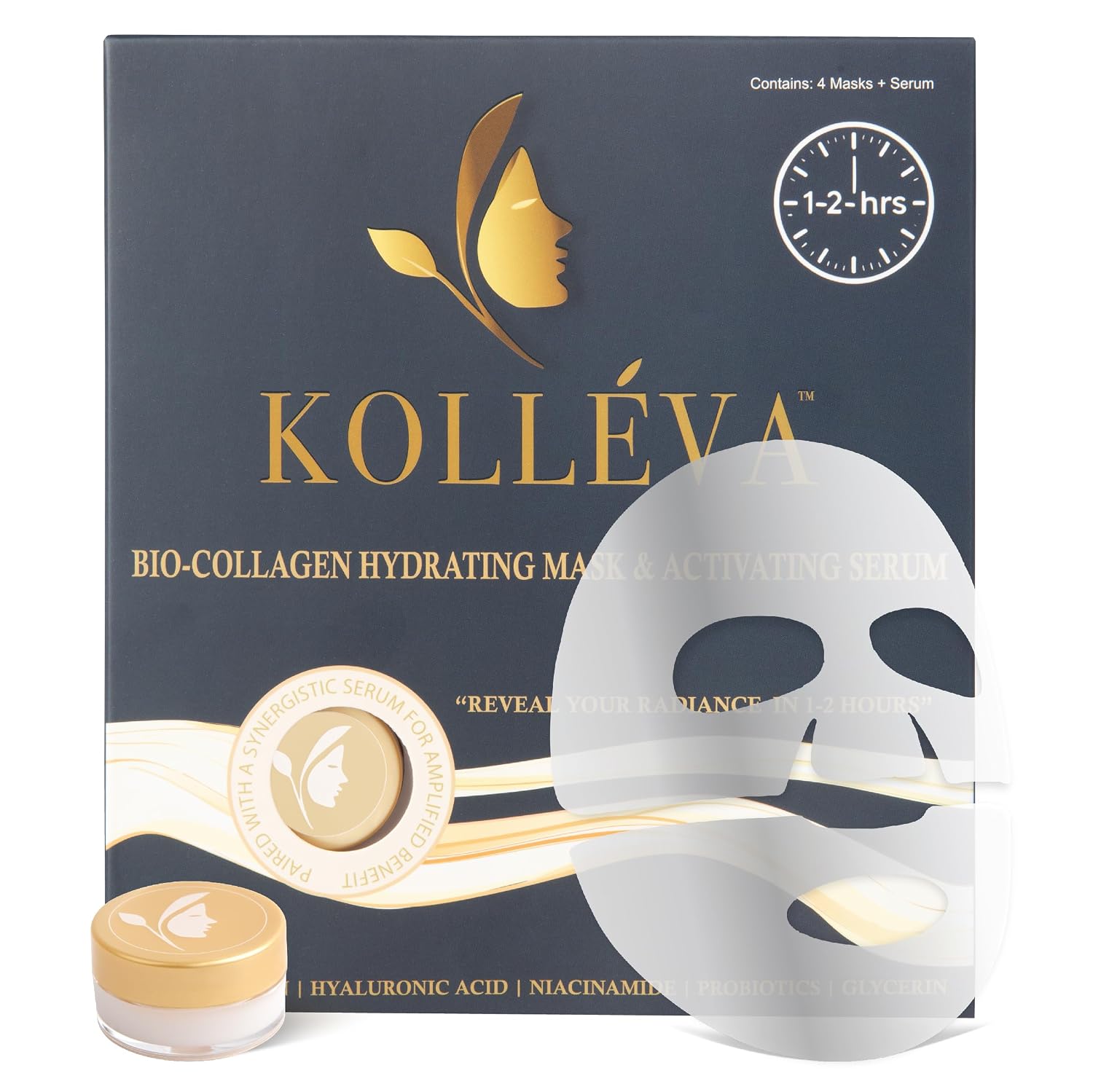 KOLLEVA Kolléva Bio-Collagen Hydrogel Face Masks - Instant 2-Hour Radiant Glow & Deep Hydration, Clinical-Grade Anti-Aging - 4 Pack with Activating Serum, USA Innovation