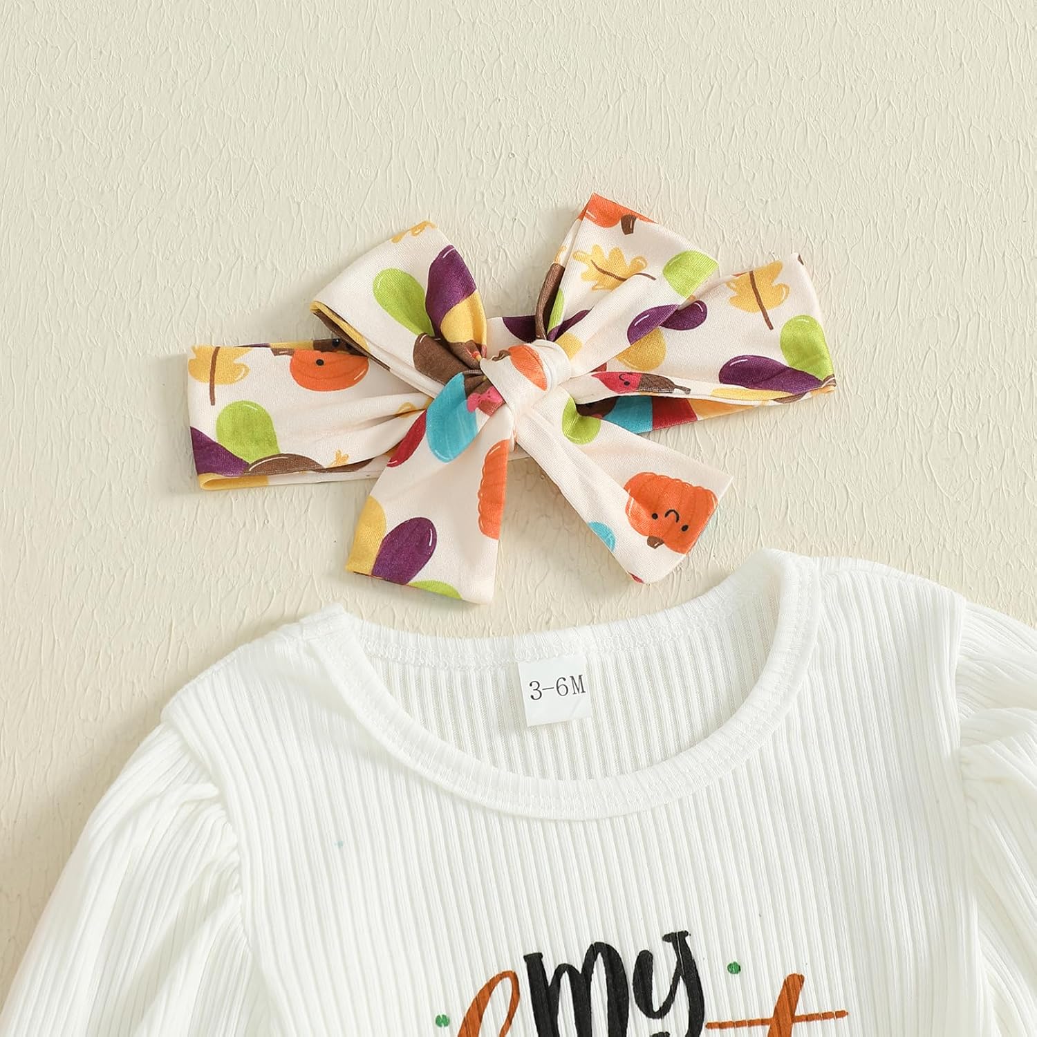SAYOO My First Thanksgiving Baby Girl Outfit Newborn Puff Sleeve Ribbed Knit Turkey Bodysuit Flare Pant Headband Clothes - Image 6