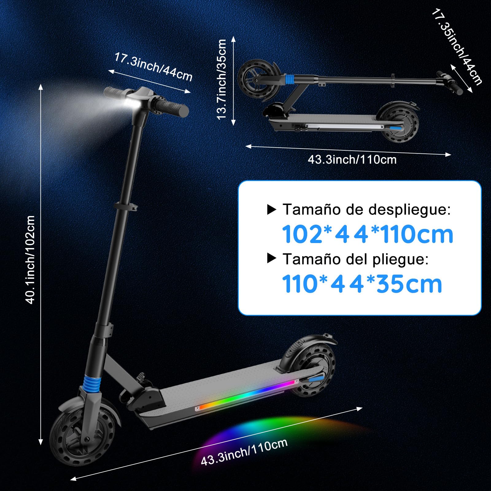 Patinete eléctrico para niños de 8 a 12 años, 8'' Plegable con luz arcoíris, autonomía de 25 km, Pantalla LED, Velocidad y Altura Ajustables, Regalo para niños y Adolescentes