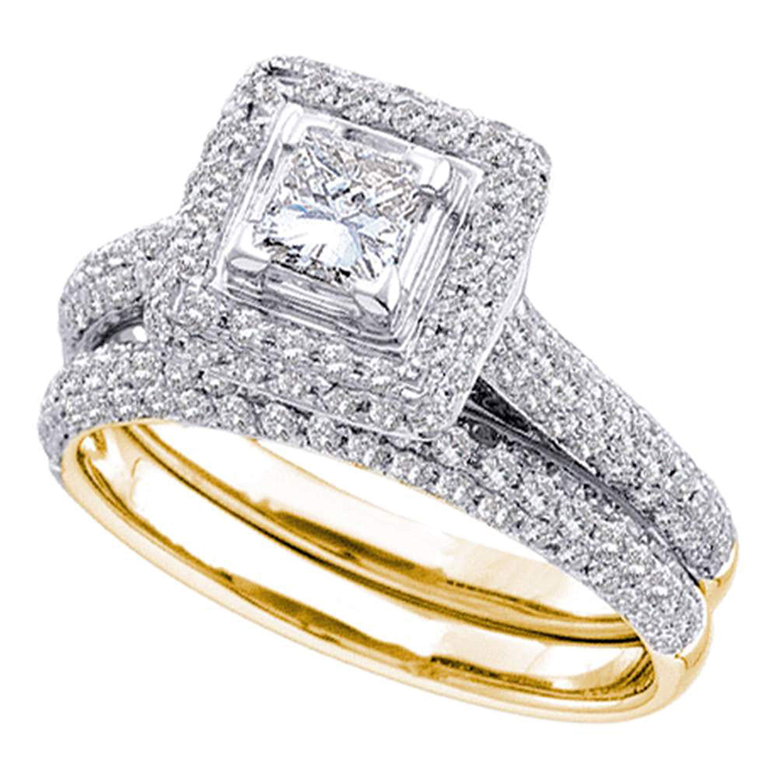 DazzlingRock Collection Juego de anillos de boda de 1,25 quilates con halo de diamantes de princesa de 1-1/4 quilates, oro amarillo de 14 quilates