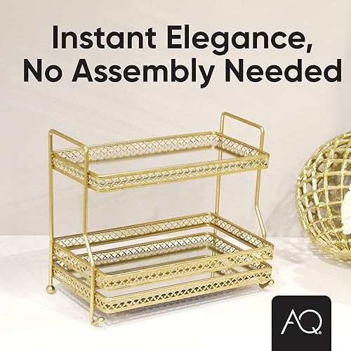 Miniatura 5 de AQ Bandeja de tocador dorada, bandeja de espejo de 2 niveles para maquillaje, cuidado de la piel, bandeja de perfume para exhibición de colecciones,
