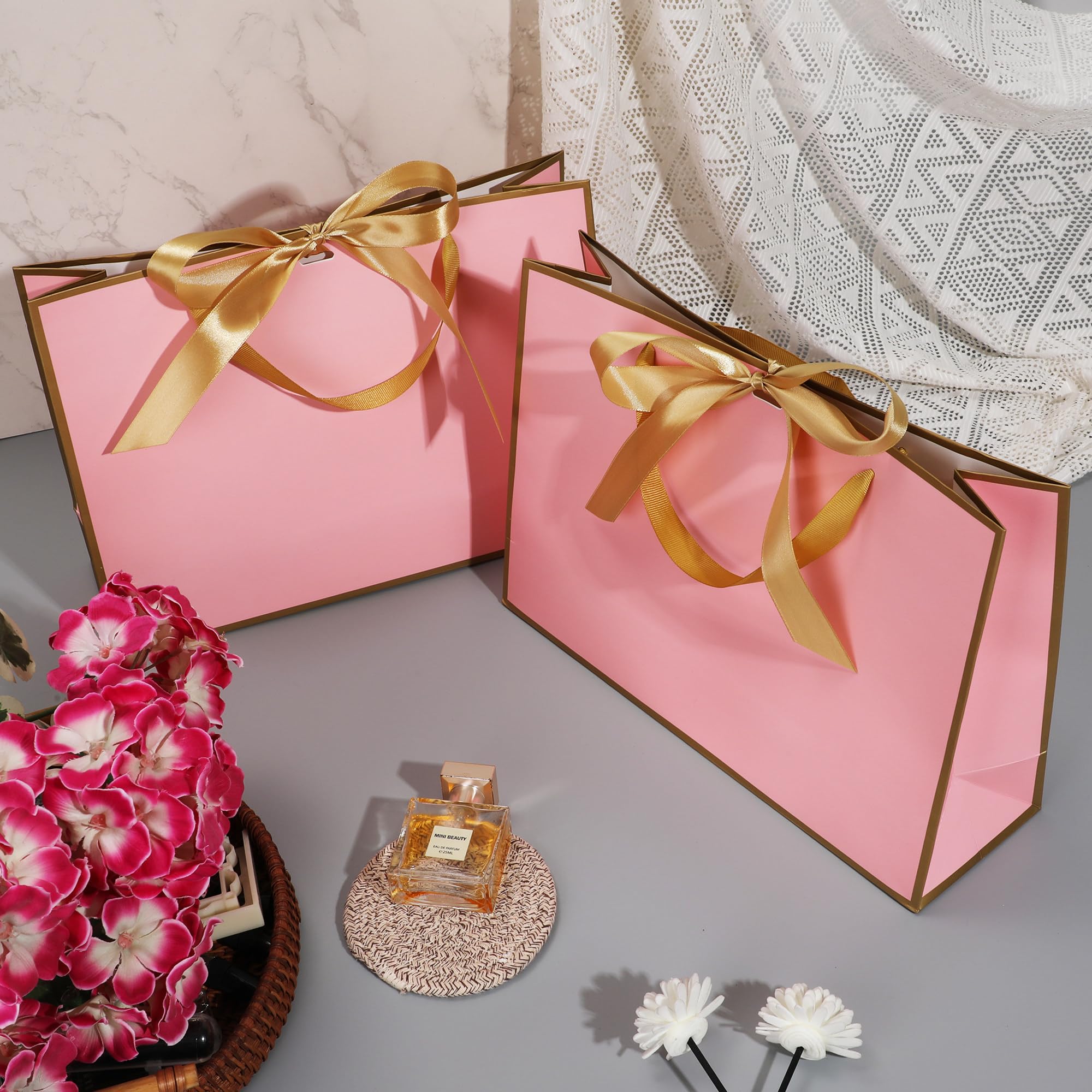 STOBOCTER 12 Pcs Thank You Gift Bags with Handles 12.6"x4"x9.1'' Welcome Bags Return Gifts with Bow Ribbon for Wedding Bridesmaid Baby Shower Graduation Housewarming Birthday Party(Pink, Gold)