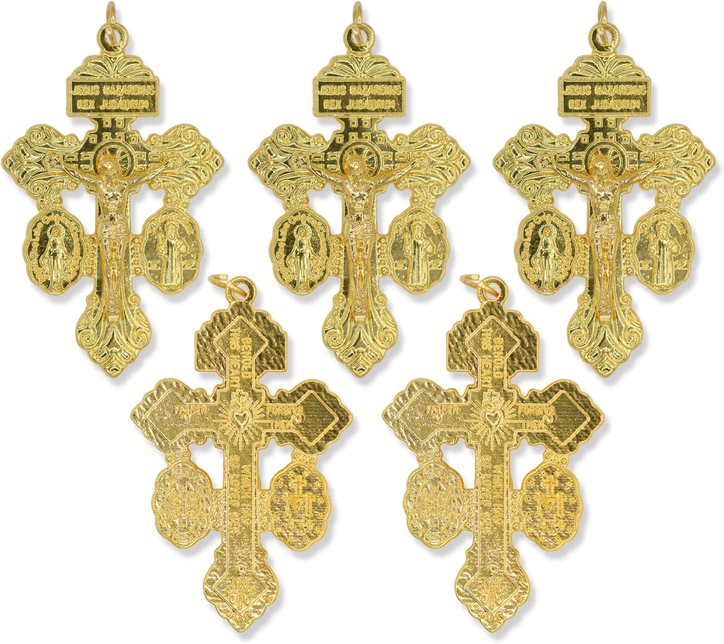 Pack of 5 - Triple Threat Pardon Crucifix St Benedict Crucifix and Miraculous Medal Plated Gold Rosary Parts Cross for Rosary Making - Large 2 1/8", Rosary Making Supplies Made in Italy