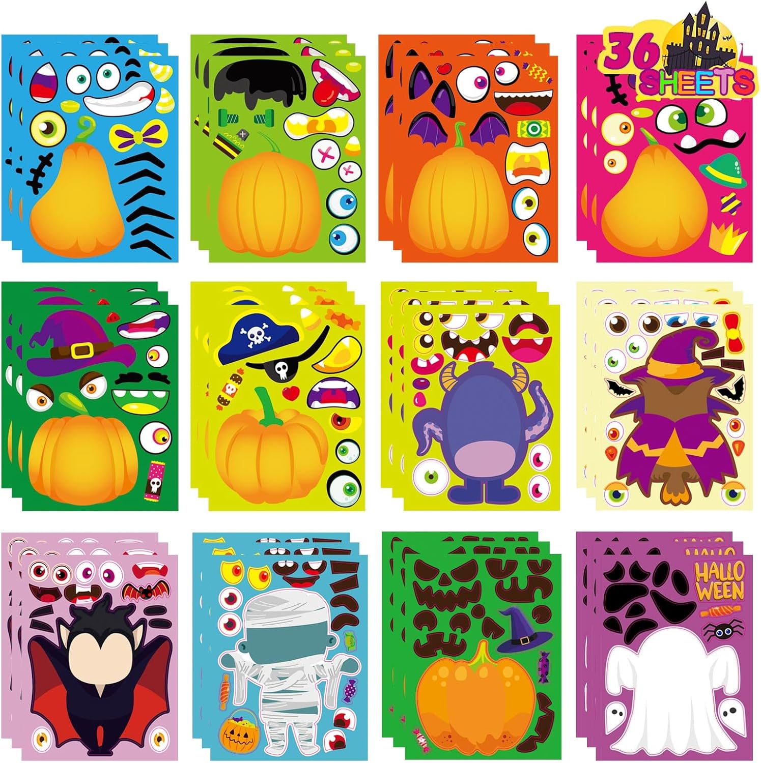 36 Sheets Halloween Stickers for Kids, Make a Face Stickers, Make Your Own Halloween Stickers for Kids Halloween Party Games Stickers Halloween Party Supplies