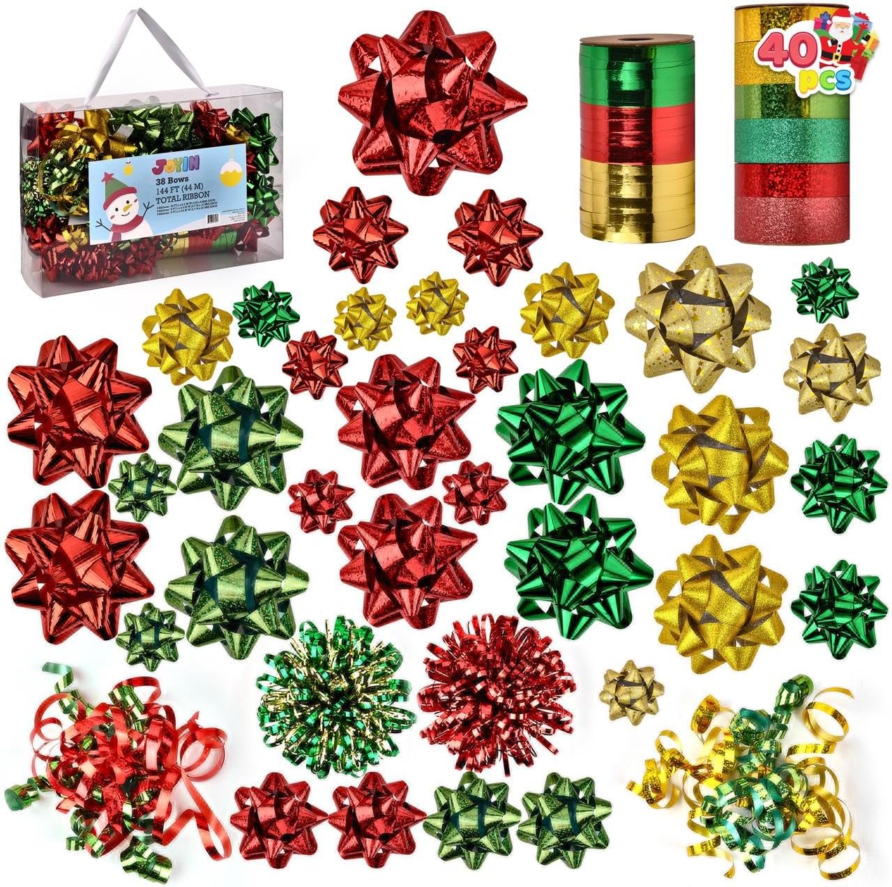 JOYIN 40 Pcs Christmas Assorted Gift Bows with 34 Multi-Colored Assorted Size Self Adhesive Gift Bows, 2 Curly Bows, 2 Tinsel Bows and 2 Curling Ribbons for Gift Wrapping, Christmas Wrapping Ribbon