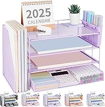 OPNICE Desk Organizer and Accessories, 4-Tier Desktop File Organizer with Drawer and 2 Pen Holders, Office Desk Accessories, File Sorters, Workspace Organizers for Office Supplies(Purple)