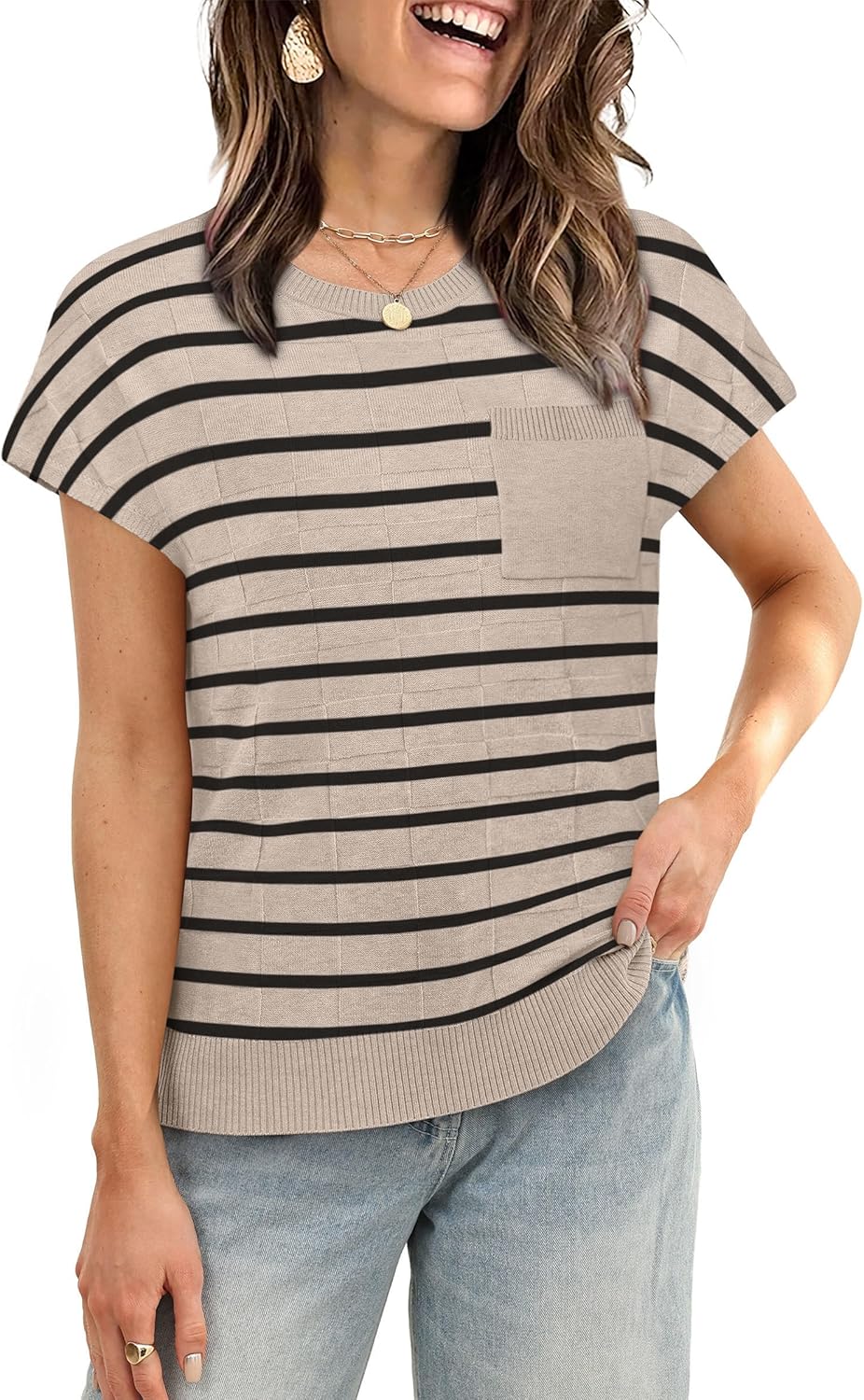 WIHOLL Short Sleeve Sweater for Women Crew Neck Trendy Summer Tops 2026 Travel Business Casual Spring Outfits with Pocket - Image 2