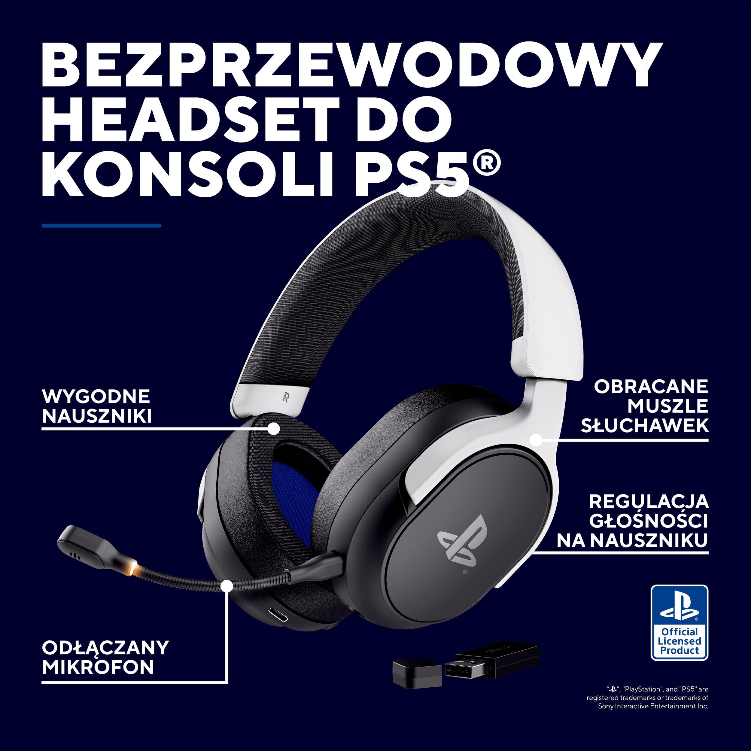 GXTrust Forta bezprzewodowe słuchawki gamingowe licencja PlayStation 5 | odbiornik USB 2,4 Ghz, przetworniki 50 mm, akumulator 55h, zestaw słuchawkowy do Gier PS5, czarny/biały