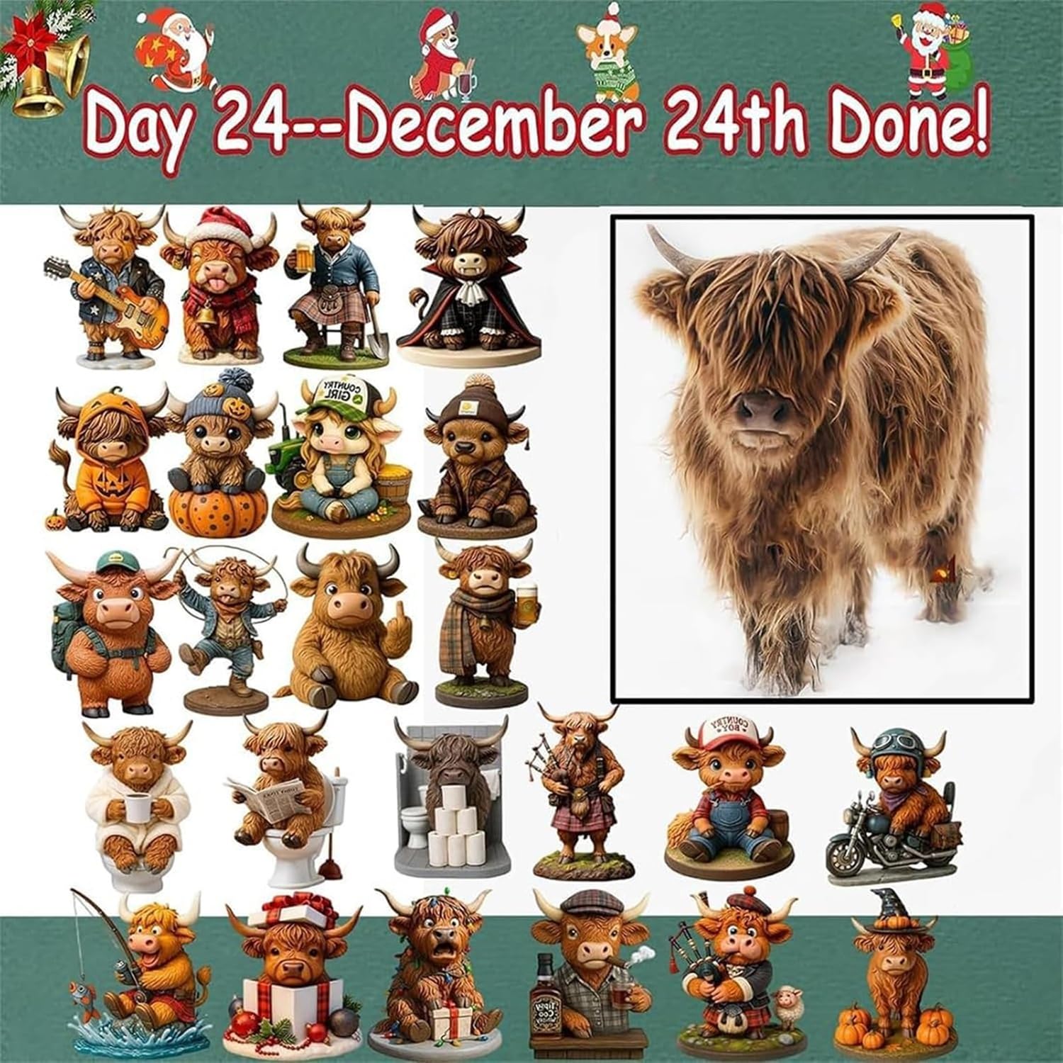 Calendrier De L'Avent 2025 Vache Highland - 24 Pendentifs 3D Déco Noël !