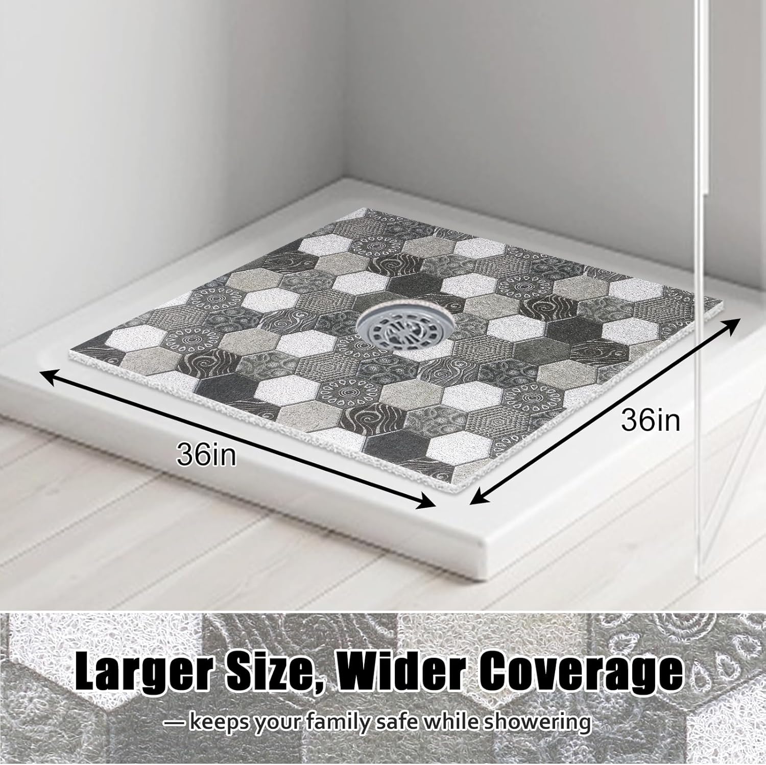 Large Shower Mat Non Slip, 36x36 Inch Shower Floor Mat with Drain Hole in Middle, Super Soft and Comfortable PVC Loofah Massage Bath Mat for Shower, Anti Slip Shower Stall Mat, Quick Drying