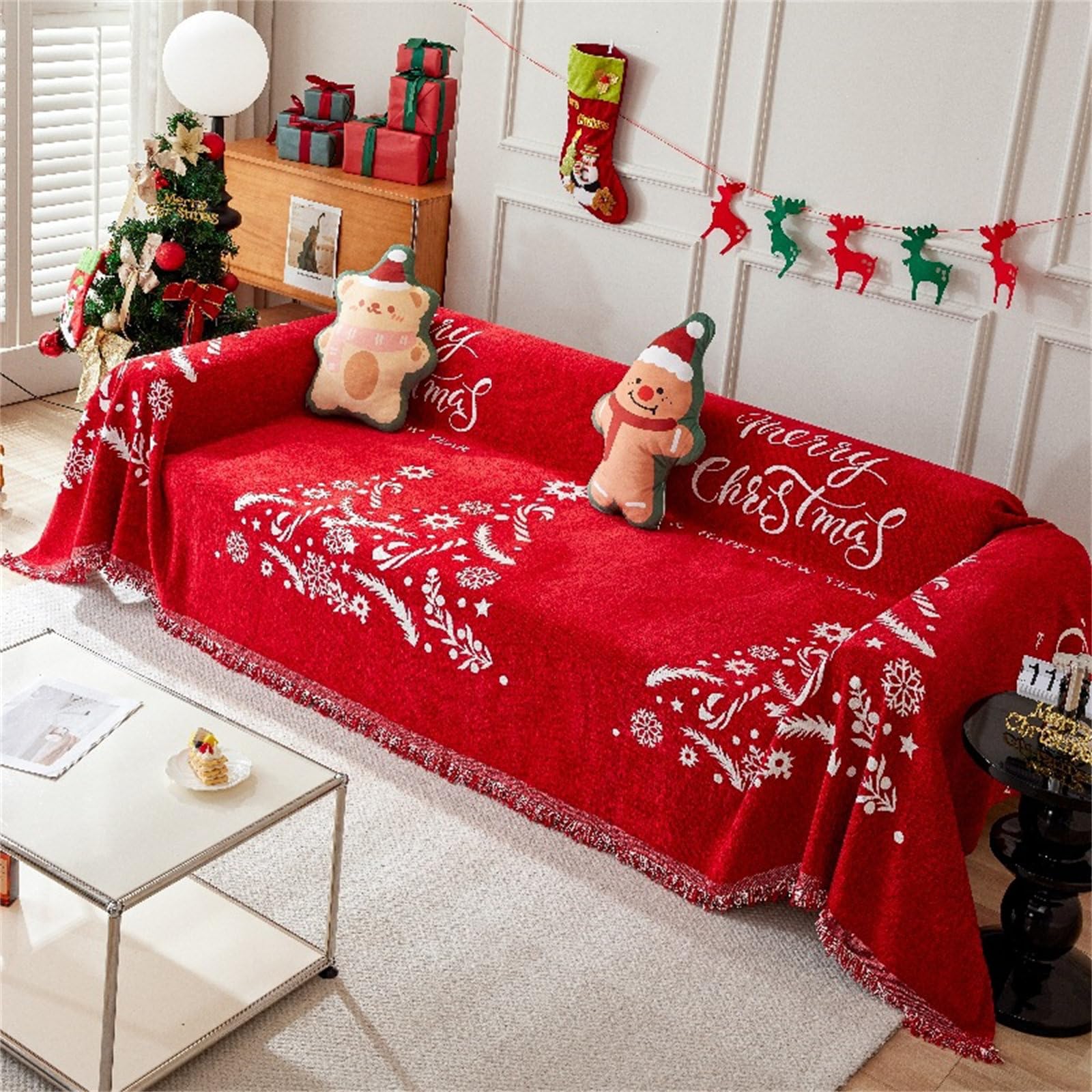 Highdi Funda de Sofá, Estampado Navideño Rojo Manta Cubre Sofa Multiusos para 1 2 3 4 Plazas, Mantas Foulard Cómoda Cubrecama Protector Sofa para Gatos Perros Arañazo (180x90cm,Árbol de Navidad)