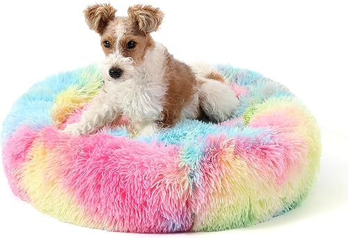 Miniatura 18 de NOYAL Cama calmante en forma de dona para perros y gatos pequeños a medianos. Cama para mascotas de pelo sintético de felpa antiansiedad con funda