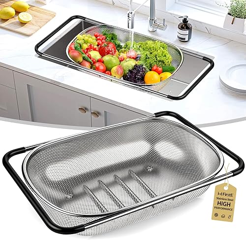 FirstE Colador para colocar sobre el fregadero, 6 cuartos de galón, colador de malla fina de acero inoxidable con asas de goma antideslizantes