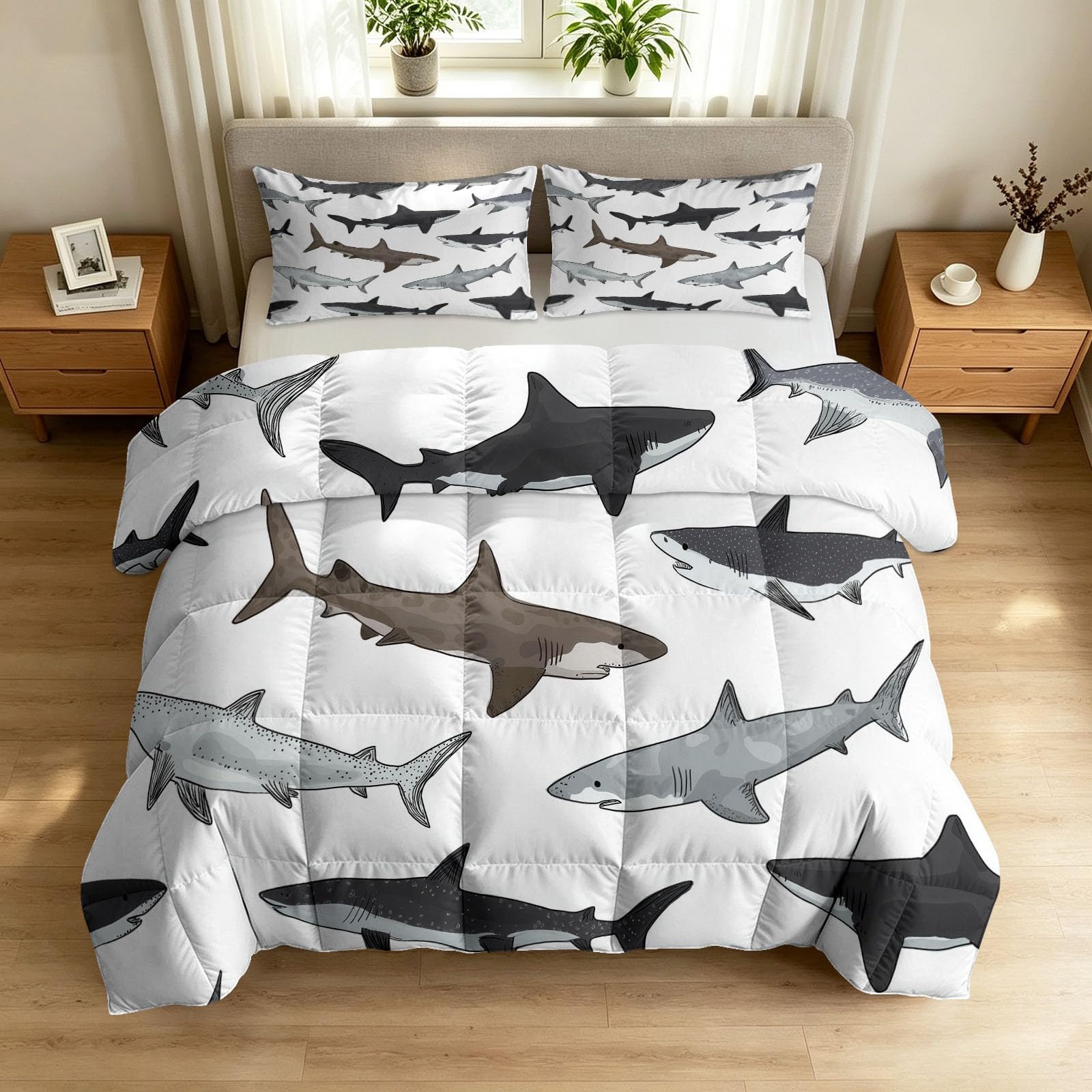 Edredón ligero para primavera y verano con tiburones de dibujos animados para cama King